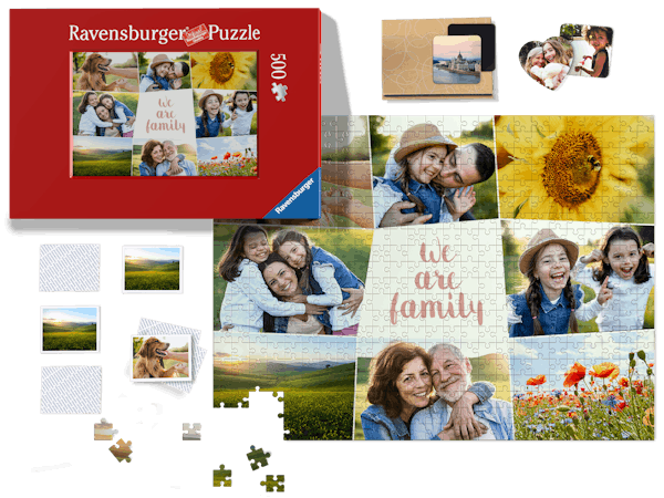 Vrijstaand beeld van een Ravensburger fotopuzzel, foto-memo en fotomagneten met lente foto's