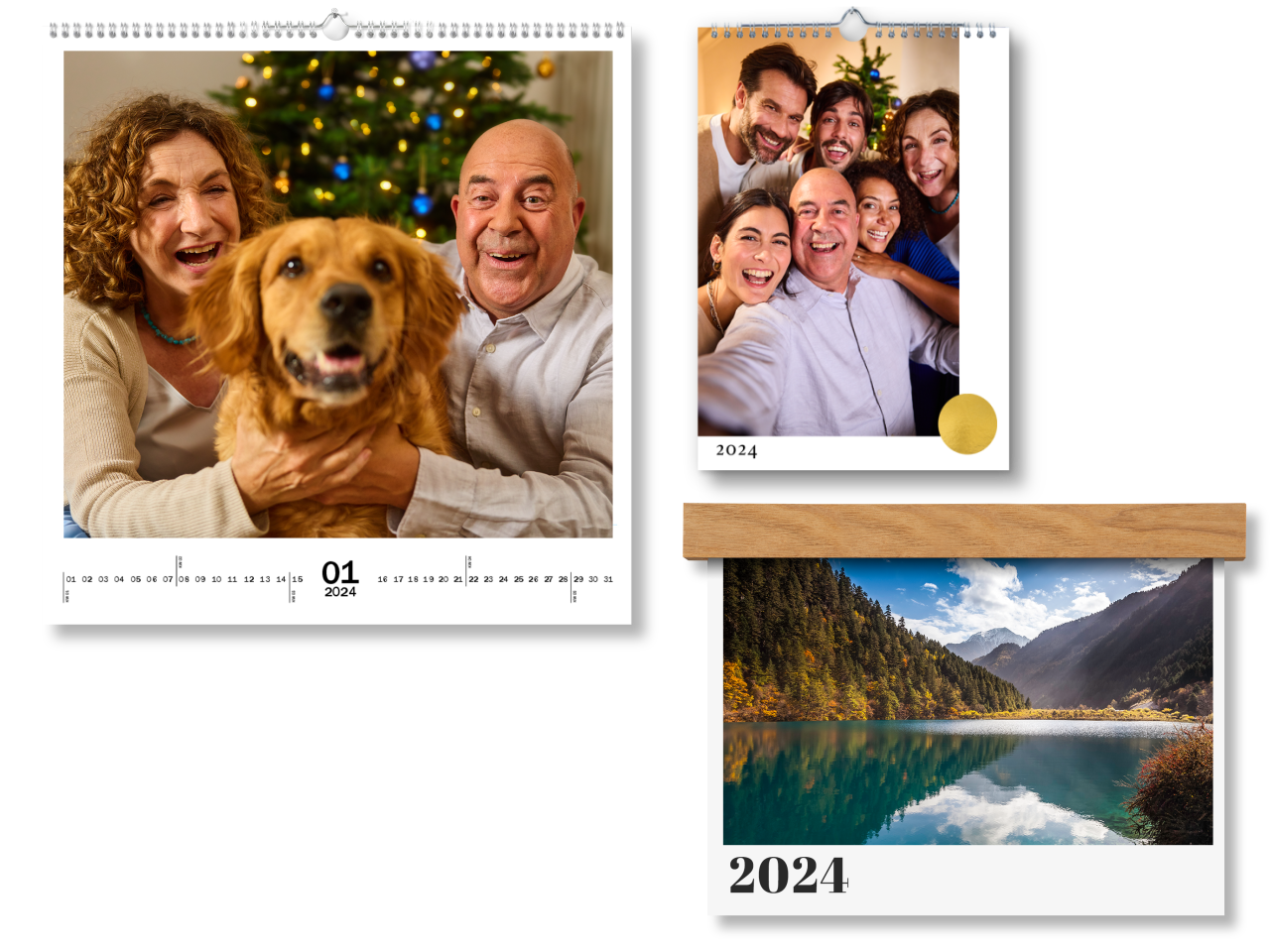 Diverse fotokalenders in verschillende formaten met familiefoto's en landschapsfoto's