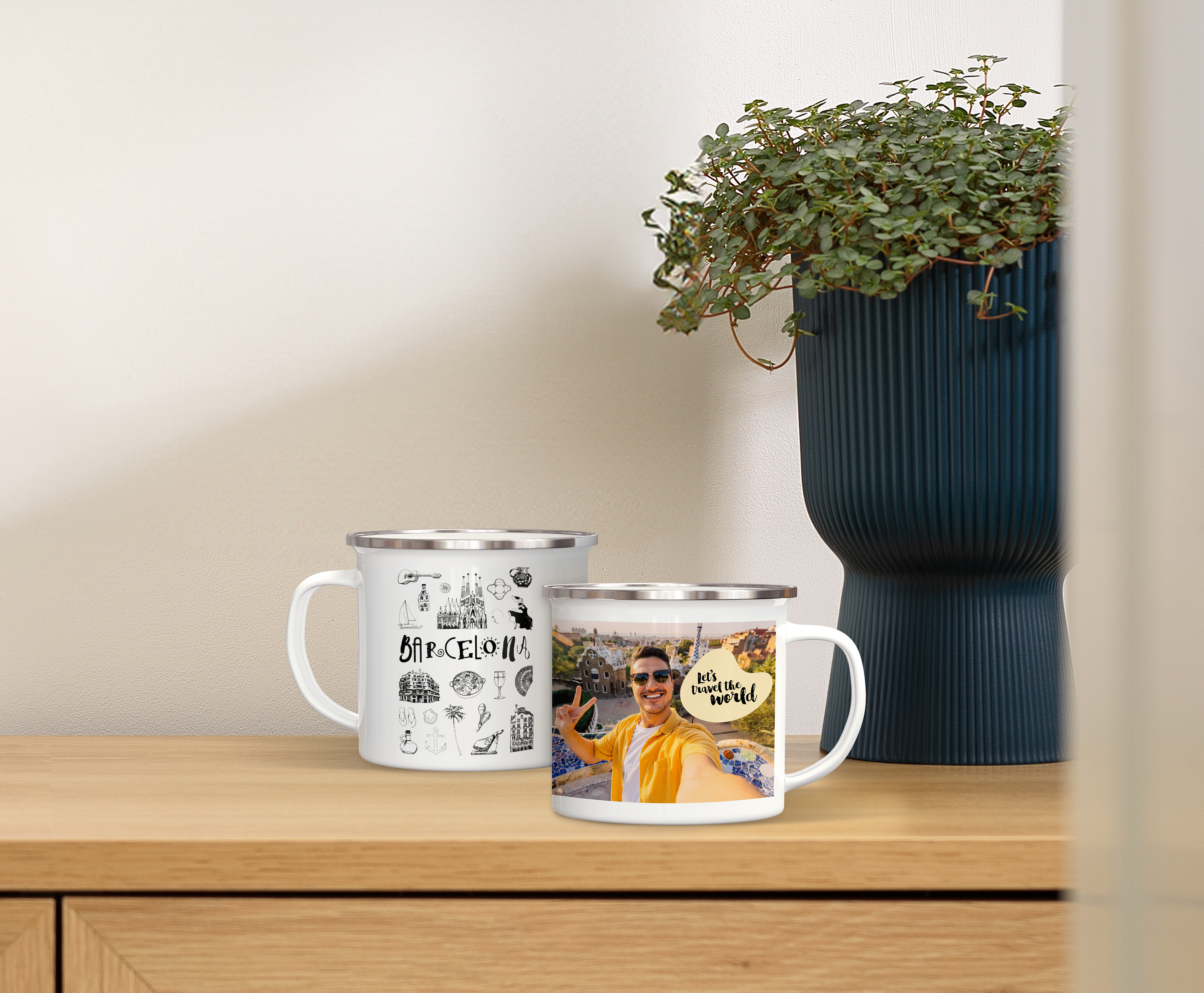 Photo mug from enamel with travel images and writing