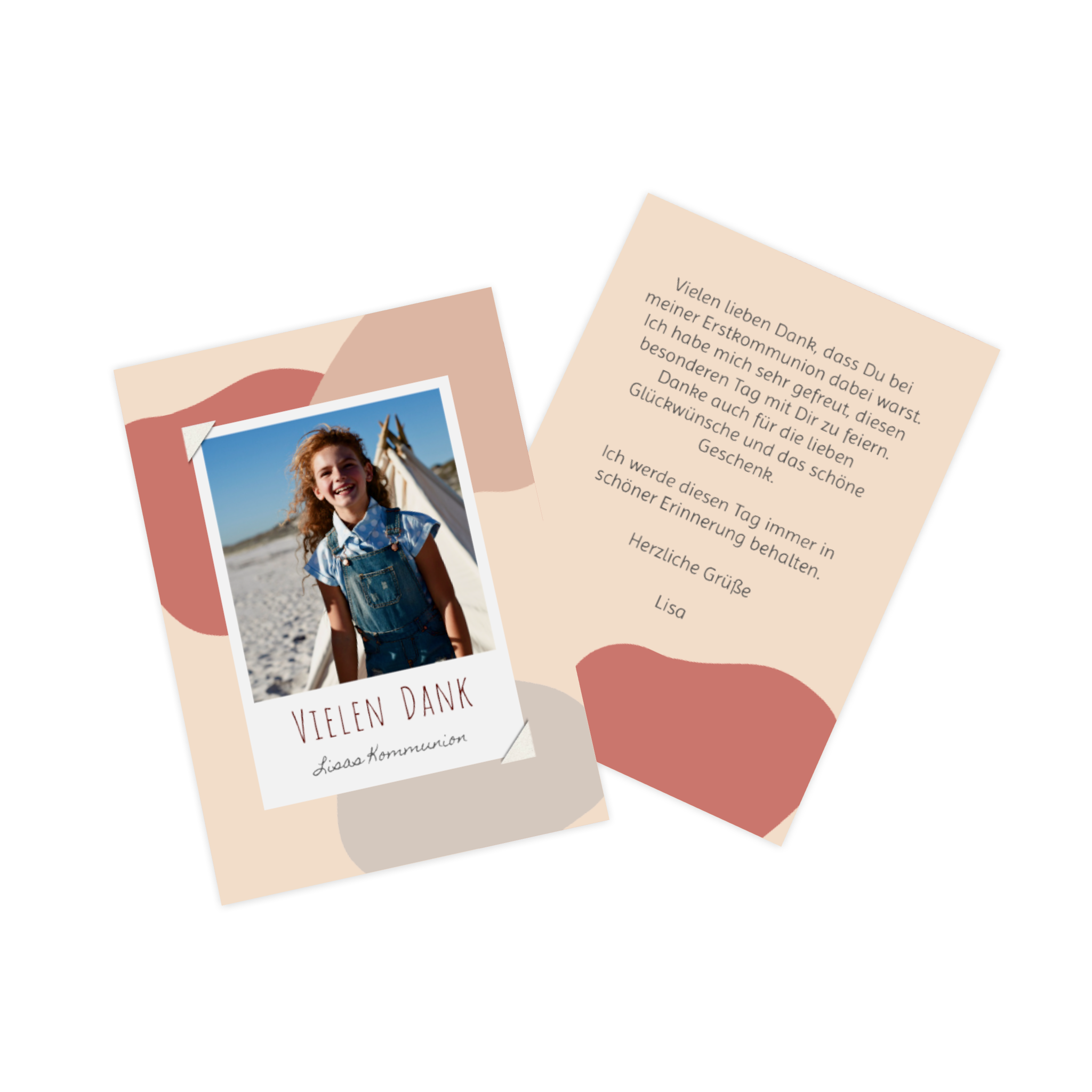 Dankeskarte zur Kommunion mit rosa Elementen und dem Bild eines Mädchens auf der Vorderseite.