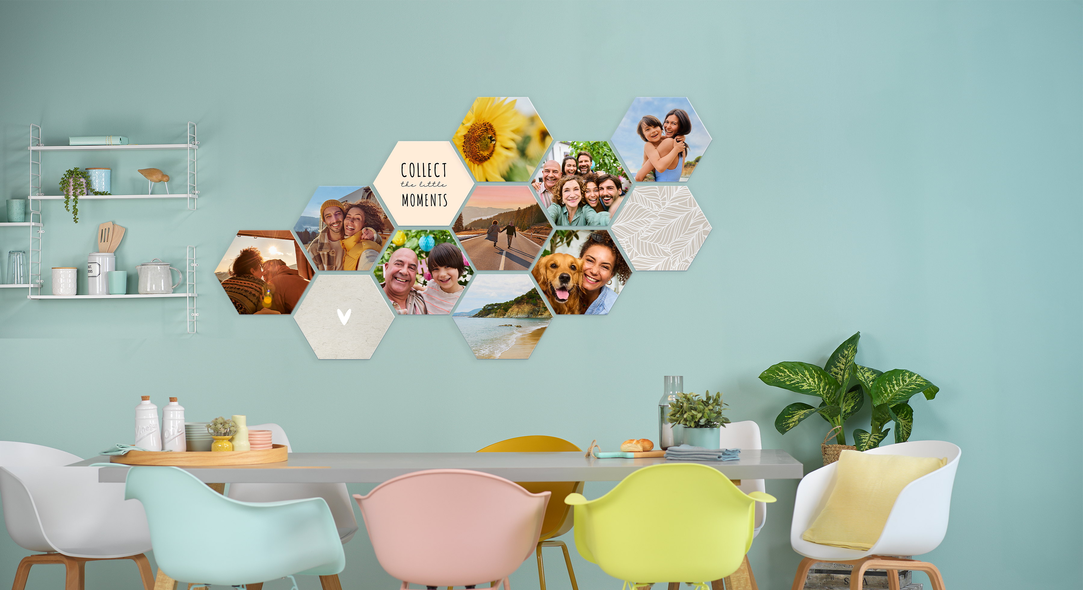12 Fotokacheln Hexagon an einer türkisen Wand mit Cliparts und Familienmotiven 