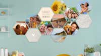 Fotokacheln Hexagon mit Familienmotiven 12 Fotokacheln Hexagon an einer türkisen Wand mit Cliparts und Familienmotiven