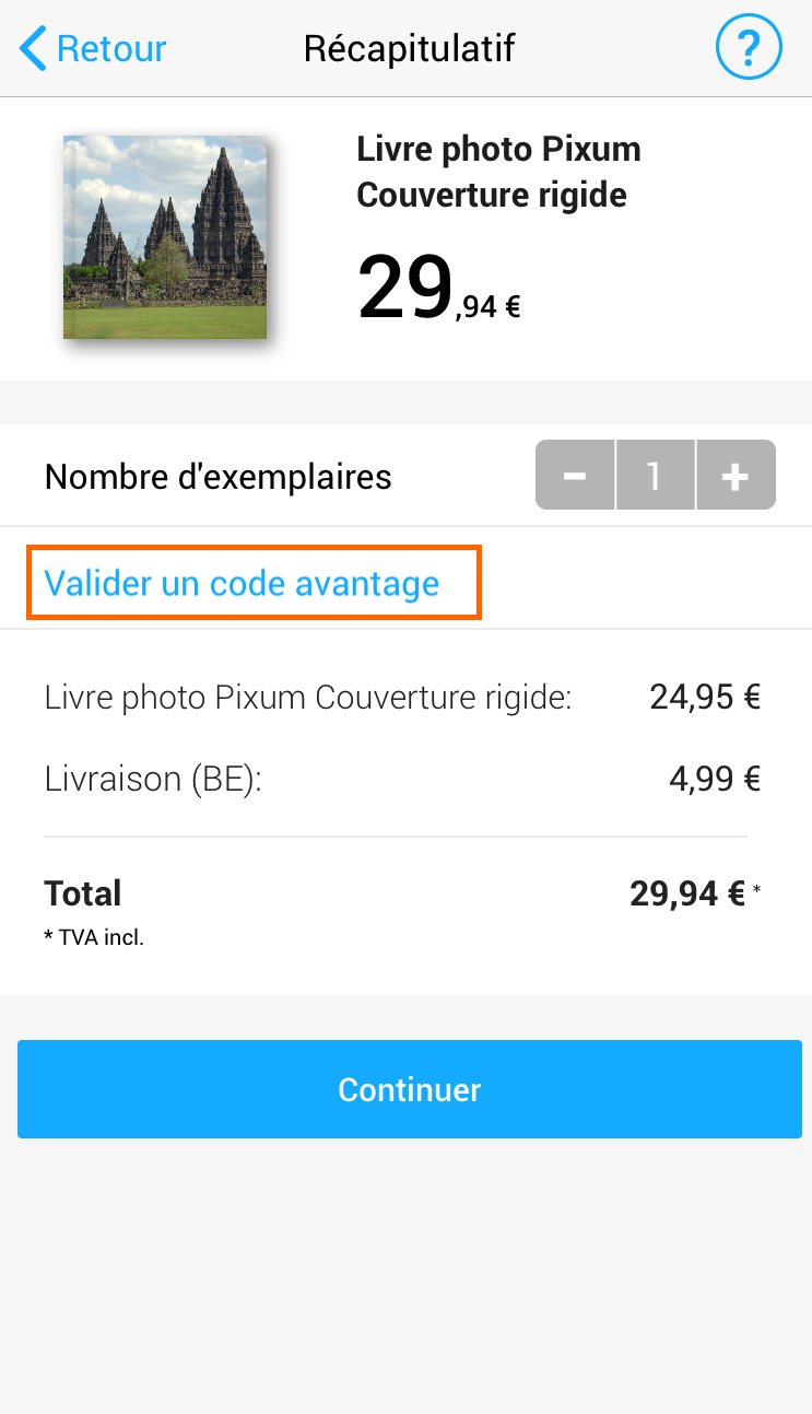 Utilisation d'un code avantage dans l'appli Pixum