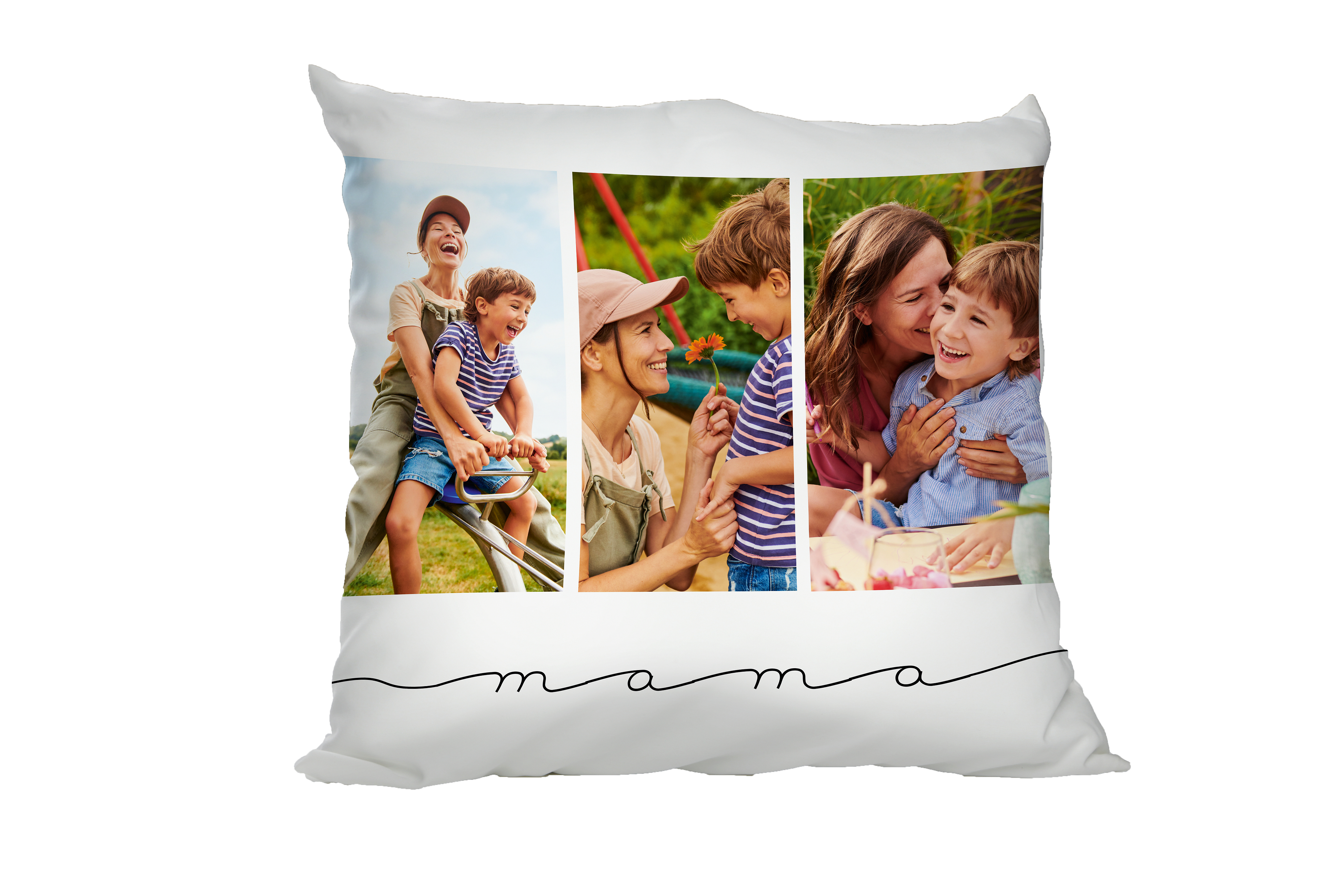 Fotokissen mit 3 Familienfotos und Design.