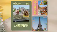 Deine Reise in einem Magazin festhalten Eine Auswahl an Reisemagazinen mit modernen Gestaltungen liegt auf einem Tisch.