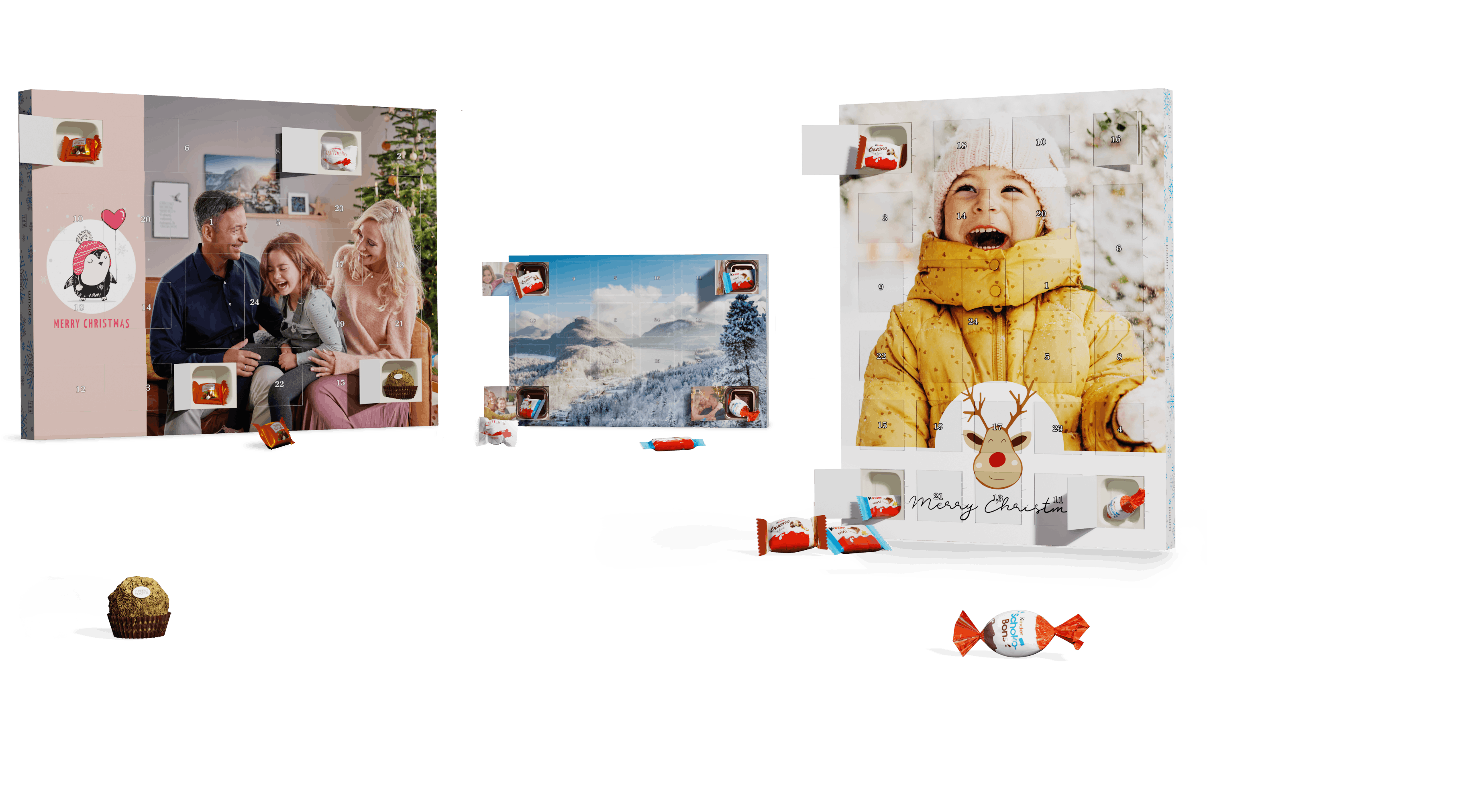 Pixum Adventskalender gestalten Mix von Adventskalendern mit Ferrerro-Pralinen und Schokolade von kinder