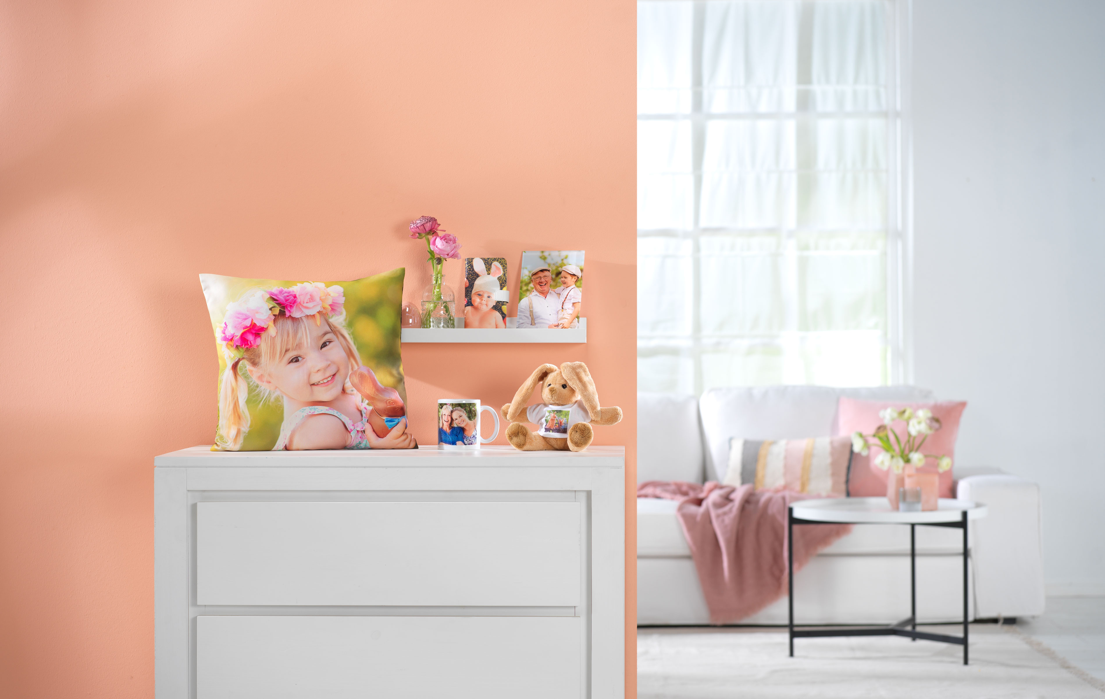 Een fotomok, fotoknuffel en een fotokussen staan naast elkaar op een kast.
