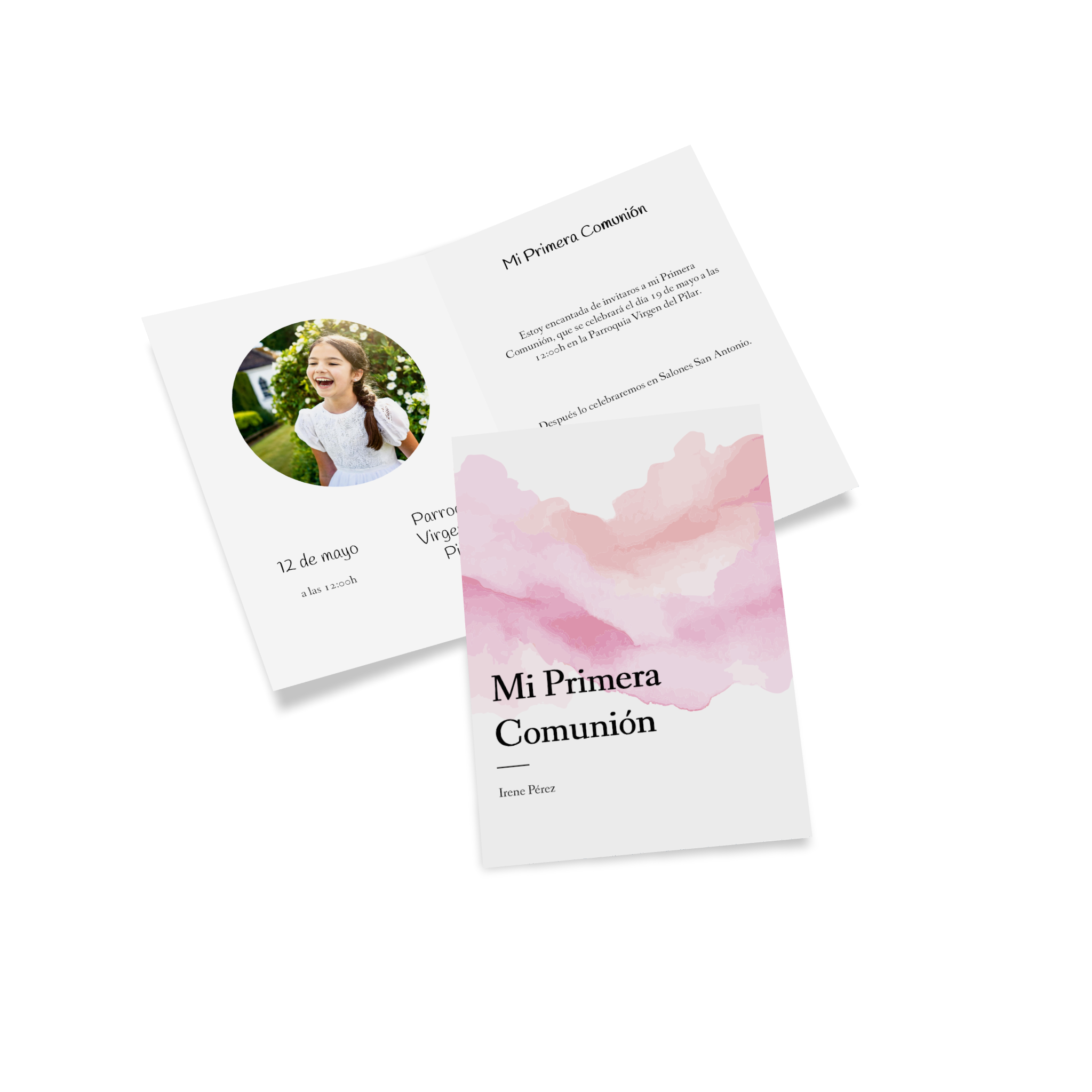 Tarjeta plegable con motivos acuarela como invitación de comunión