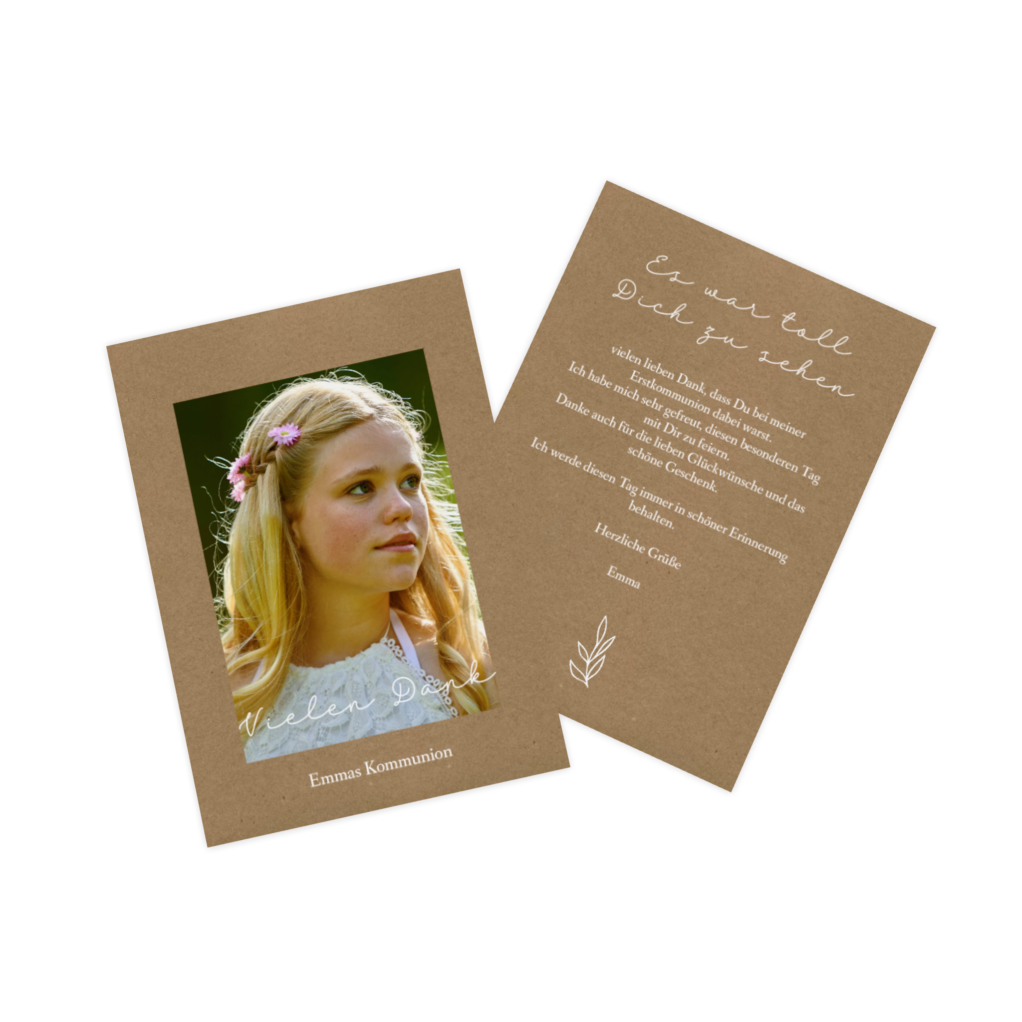 Danksagung zur Kommunion mit Packpapier Design und dem Bild eines Mädchens auf der Vorderseite.