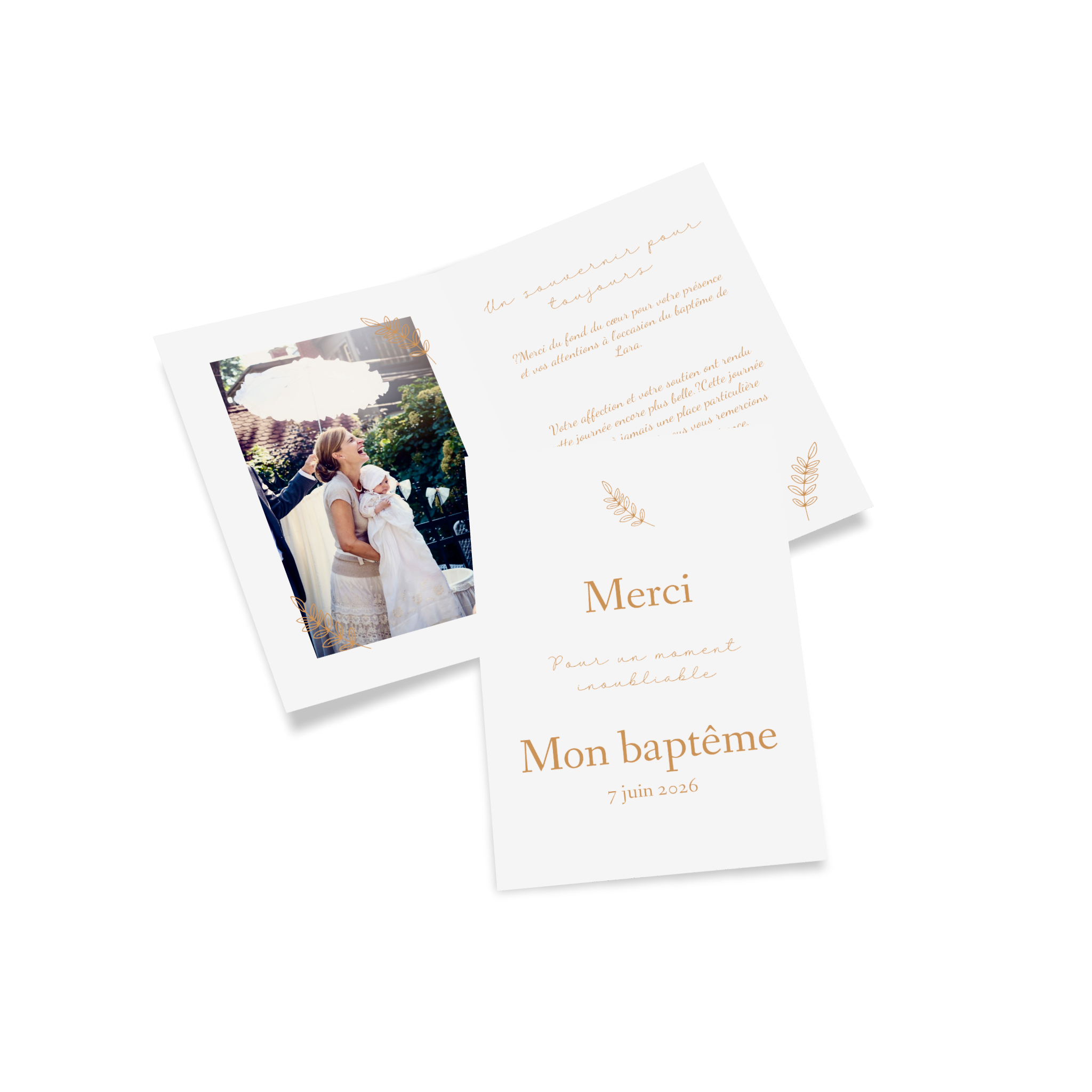 Carte pliante ouverte de remerciement de baptême.