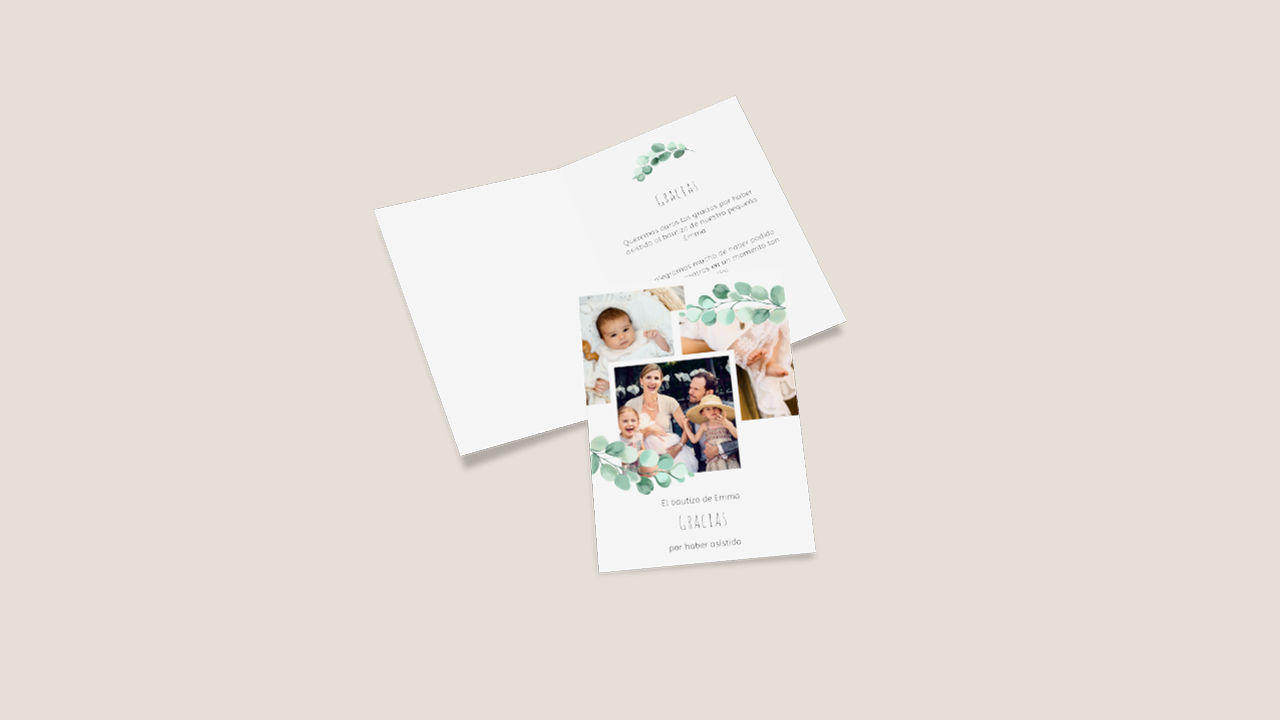 Tarjeta de agradecimiento de bautizo personalizada con fotos y texto