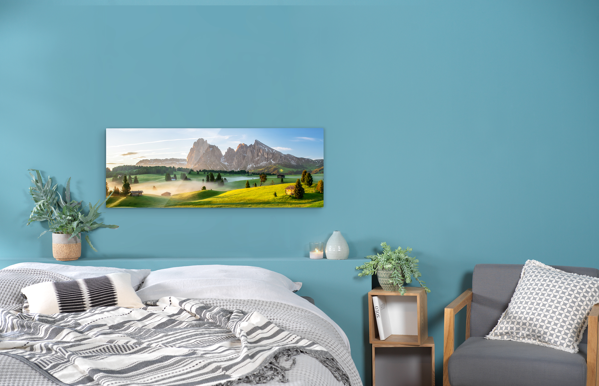 Panoramafoto van bergen en een wei als galleryprint