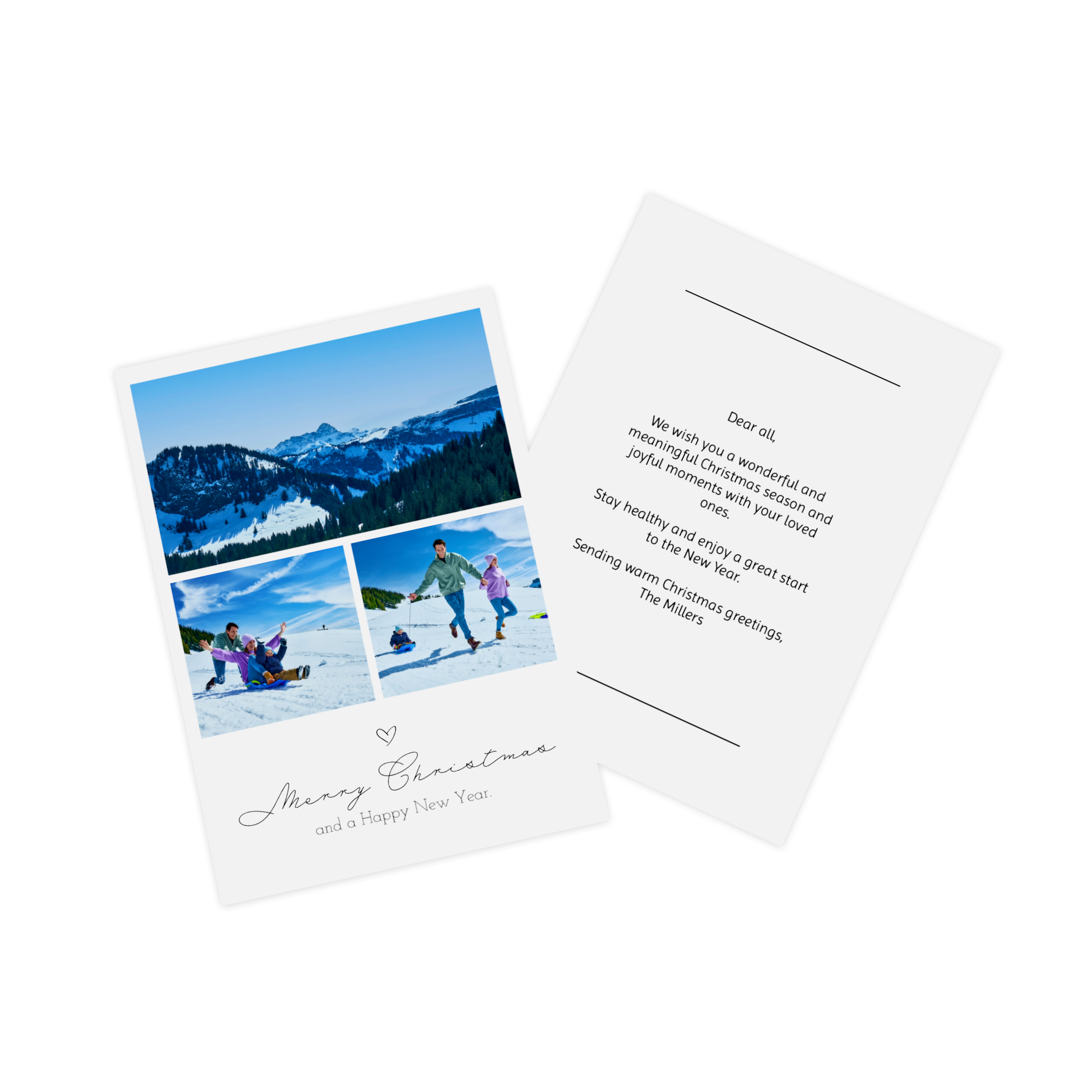 Carte de Noël personnalisée avec une photo de couple à la neige.