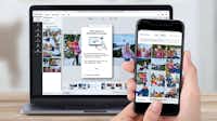 Upload mobilbilleder til softwaren via en QR-kode Computer med Pixum Fotounivers softwaren og en QR-kode til overførsel af mobilbilleder til computeren