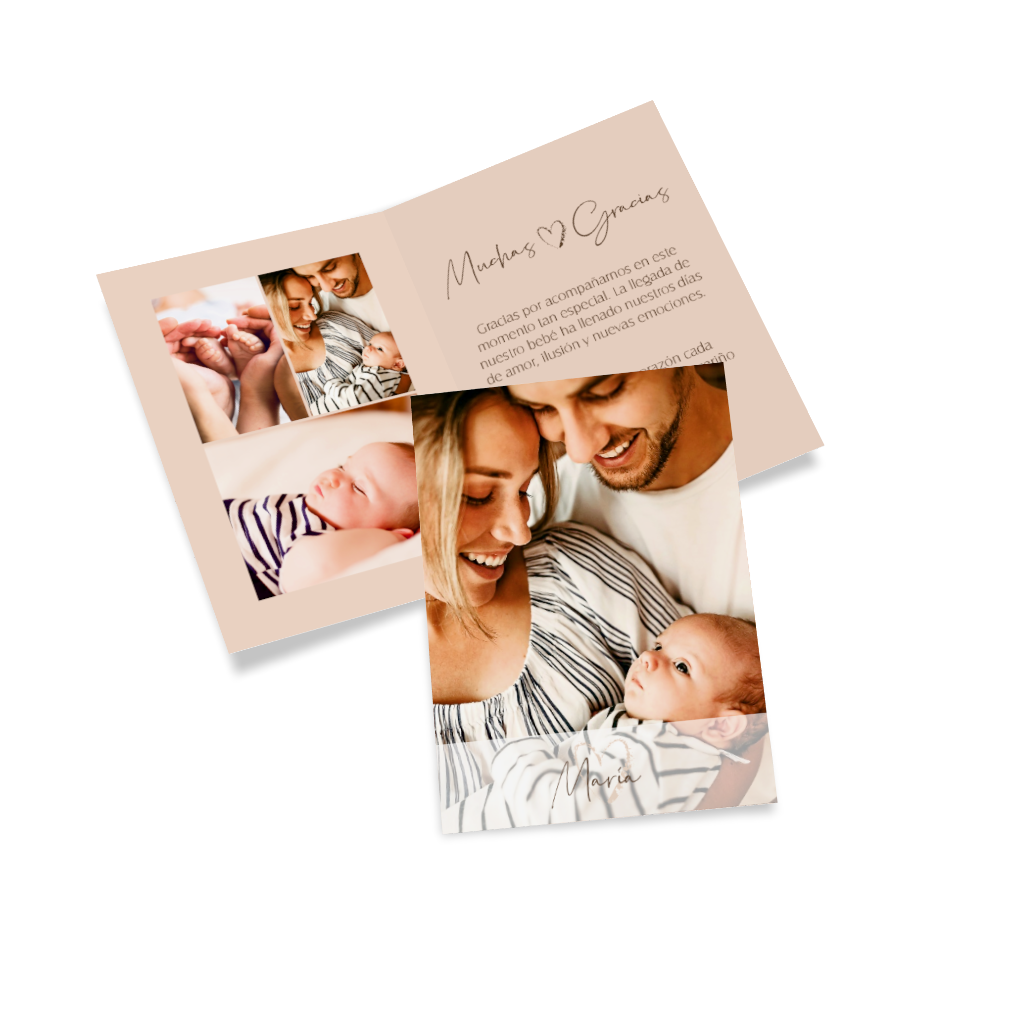 Tarjeta con foto de nacimiento con información sobre el nacimiento y fotos familiares