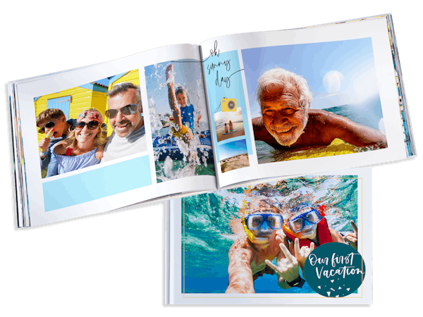 Pixum Fotobuch im Querformat mit sommerlichen Urlaubsfotos einer Familie
