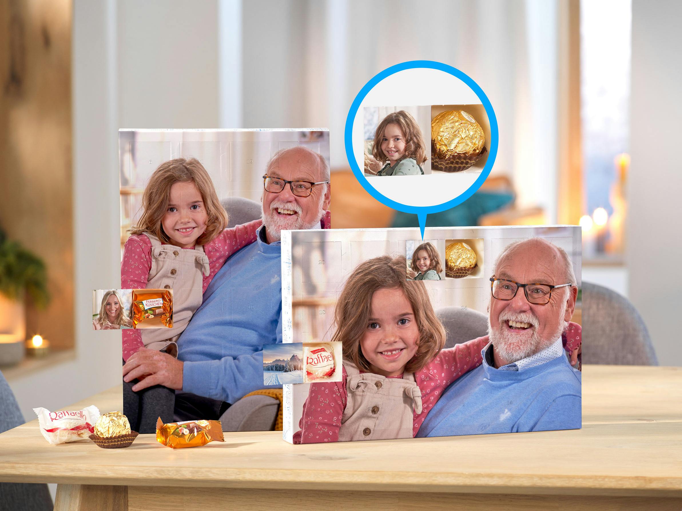 Calendario dell'Avvento con cioccolatini Ferrero e foto nelle finestrelle e foto di un nonno con sua nipote
