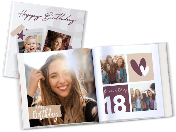 Pixum Fotobuch im quadratischen Format gestaltet als Geschenk zum 18. Geburtstag.