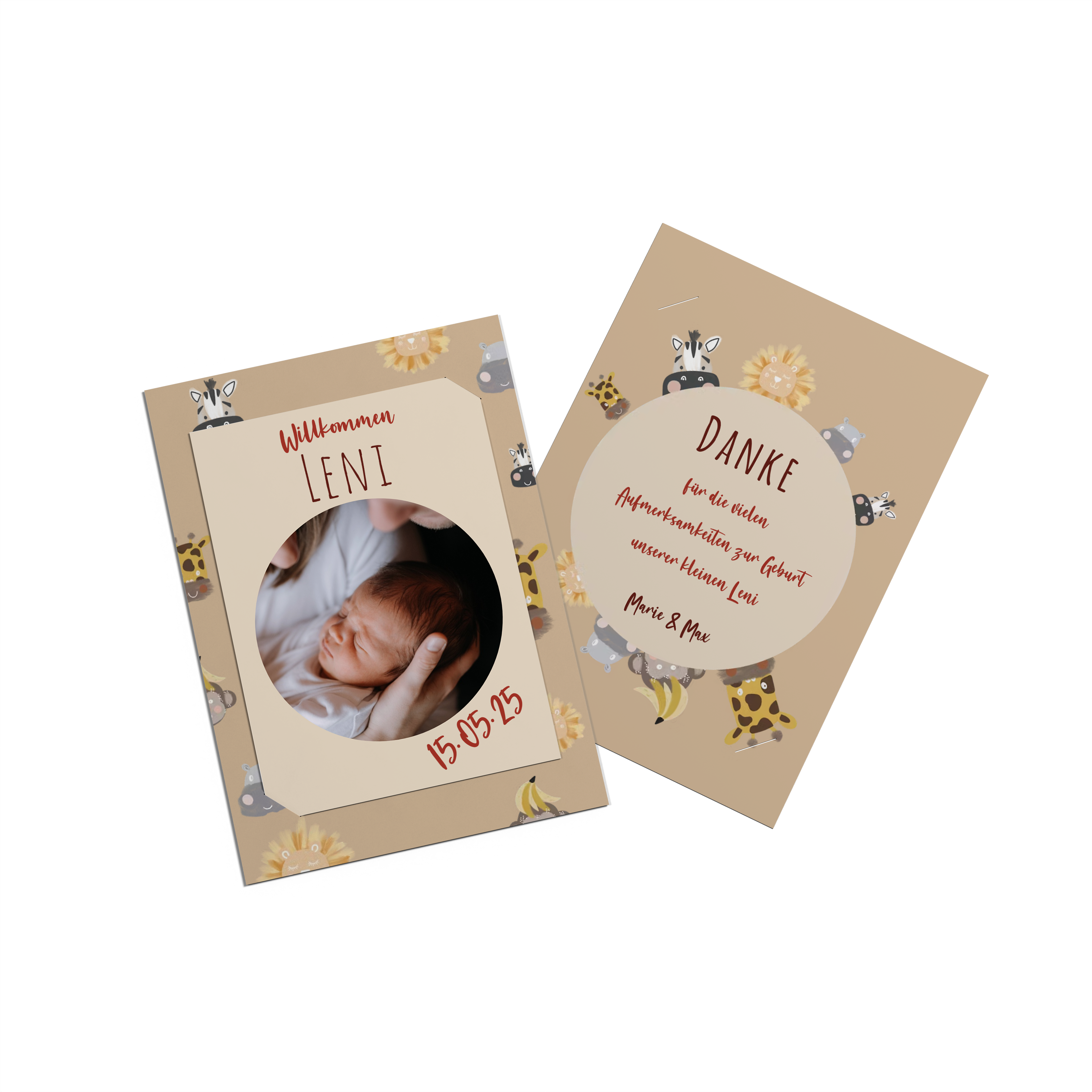 Front and backside of a greeting card with a baby photo.