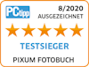 Test winner label from PC-Tipp (08/2020 issue) with 5 stars for Pixum 