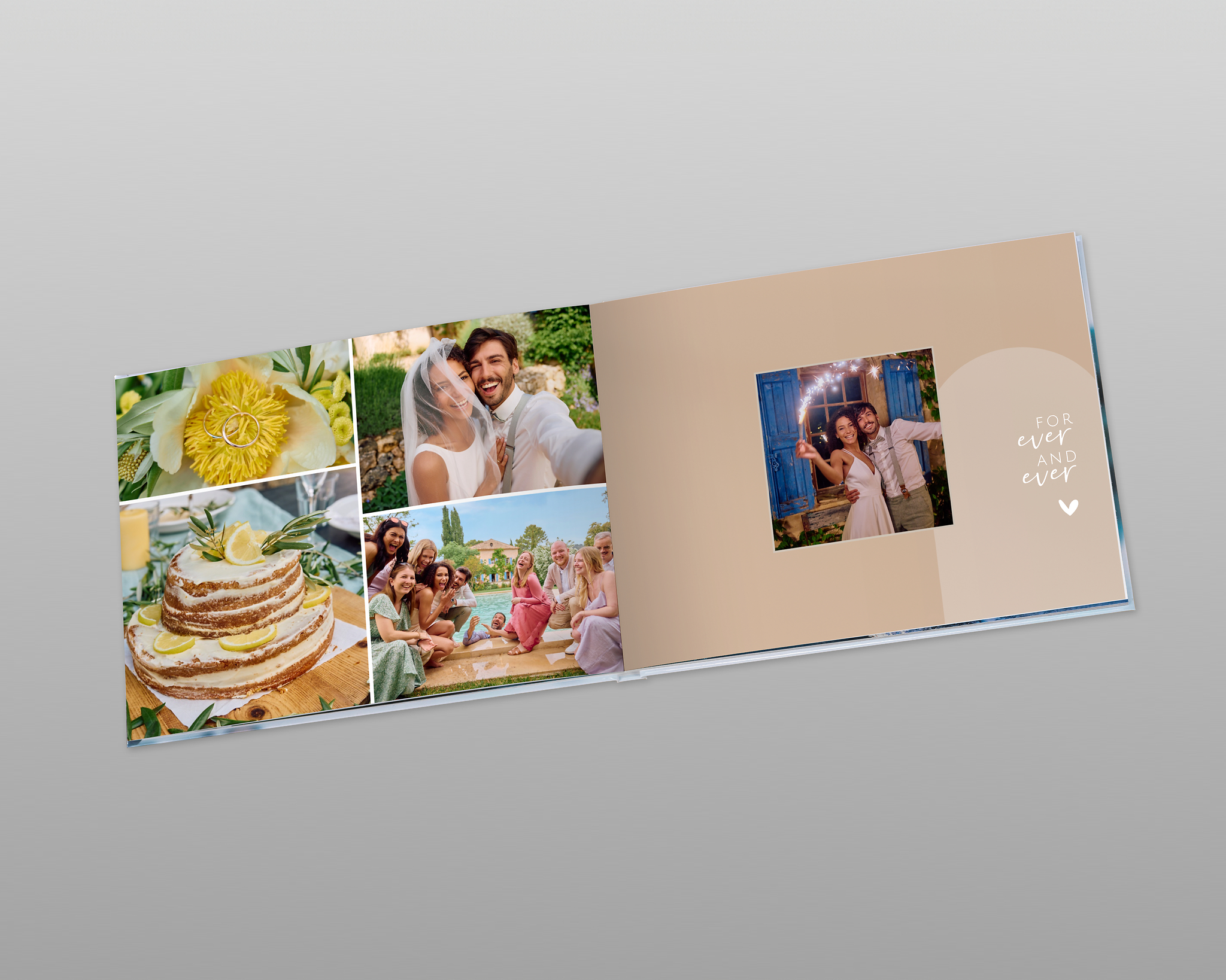 Aufgeklapptes Hochzeitsfotobuch mit einem modernen Design. Die linke Seite zeigt eine Collage aus vier Fotos. Auf der rechten ist ein Foto in der Mitte der Seite auf einem hellen braunen Hintergrund.