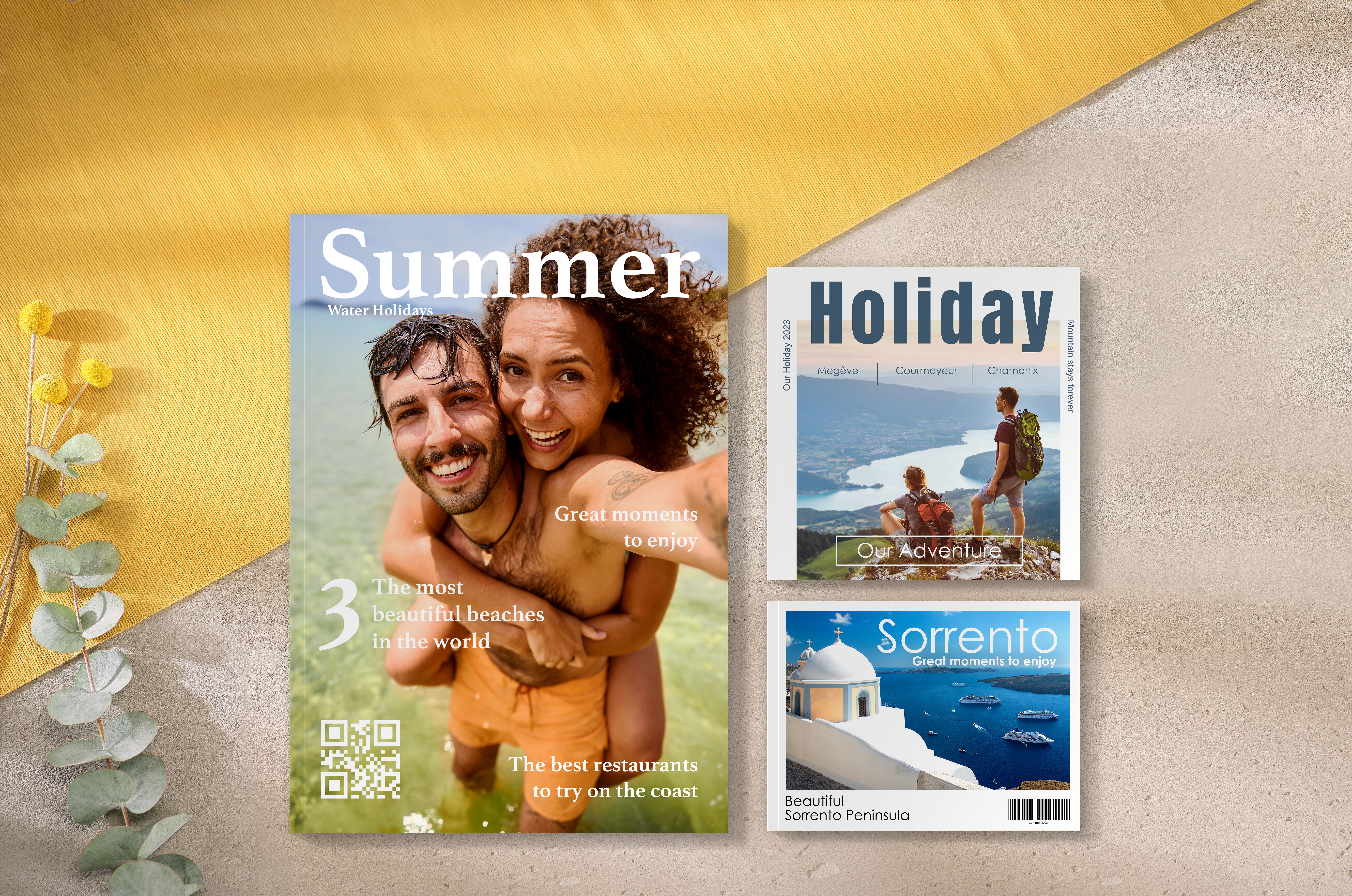Trois livres photo en differents formats avec une couverture souple. Les images sont estivales et de vacances.