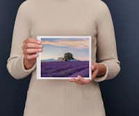 Livre photo petit paysage Album photo petit paysage tenu dans les mains d'une dame