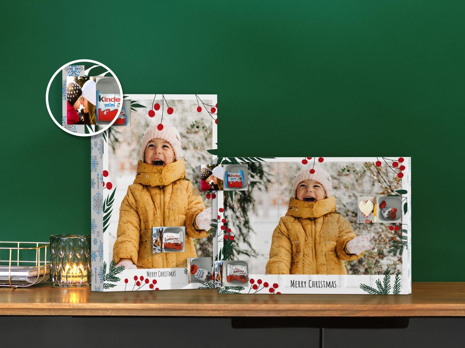 Pixum Advent Calendar with chocolate from kinder and picture ddoors in landscape and portrait format