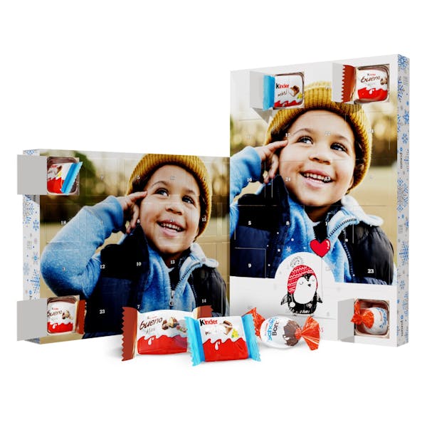 Calendario Avvento con cioccolato kinder® e foto di un bambino con un cappello