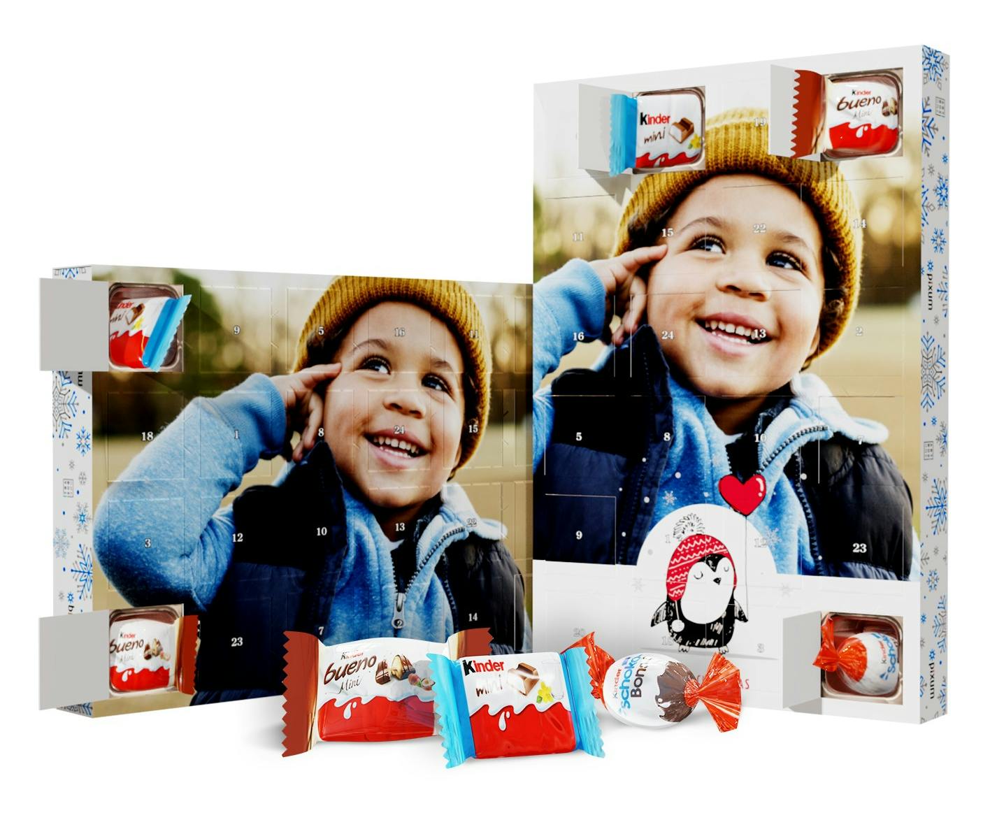Julekalender med kinder® chokolade, cover med foto af en lille dreng