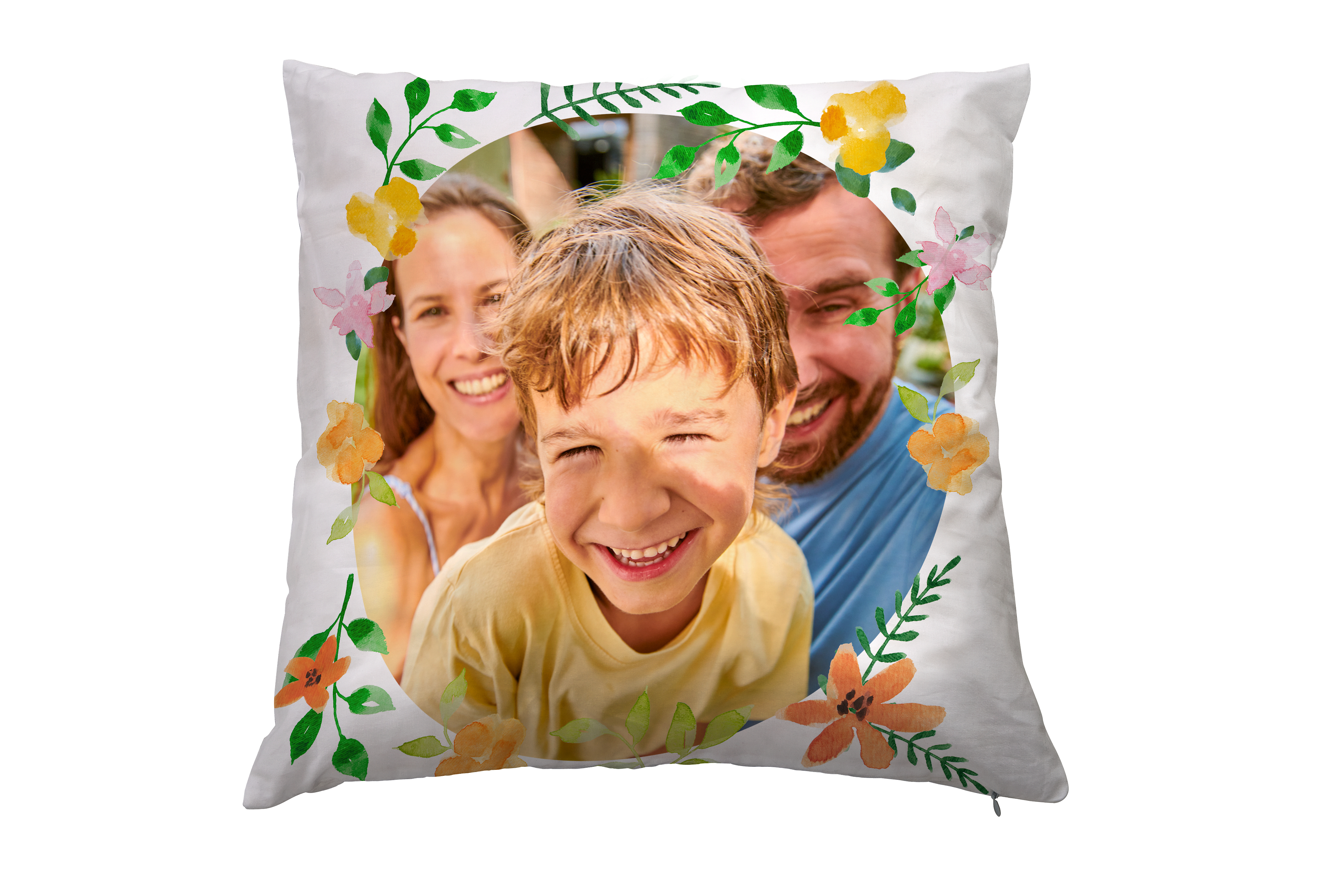 Fotokissen mit Blumen-Design und Familien-Bild.