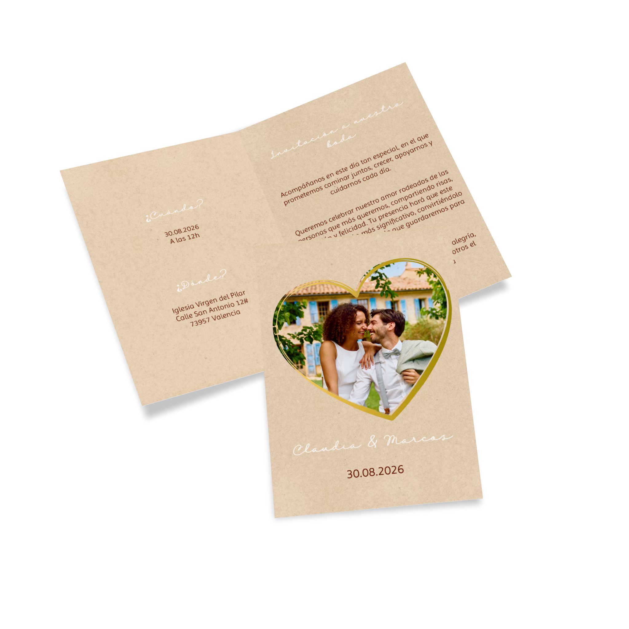 tarjeta plegable con papel kraft como invitación de boda