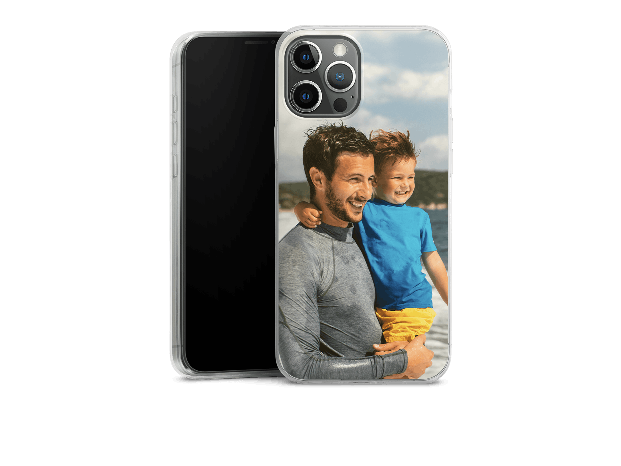 Ultraslim silikonecover til iPhone med foto af en far med sin lille søn i armene