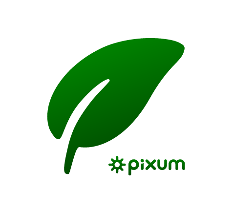 Grönt blad med grön Pixum logotyp