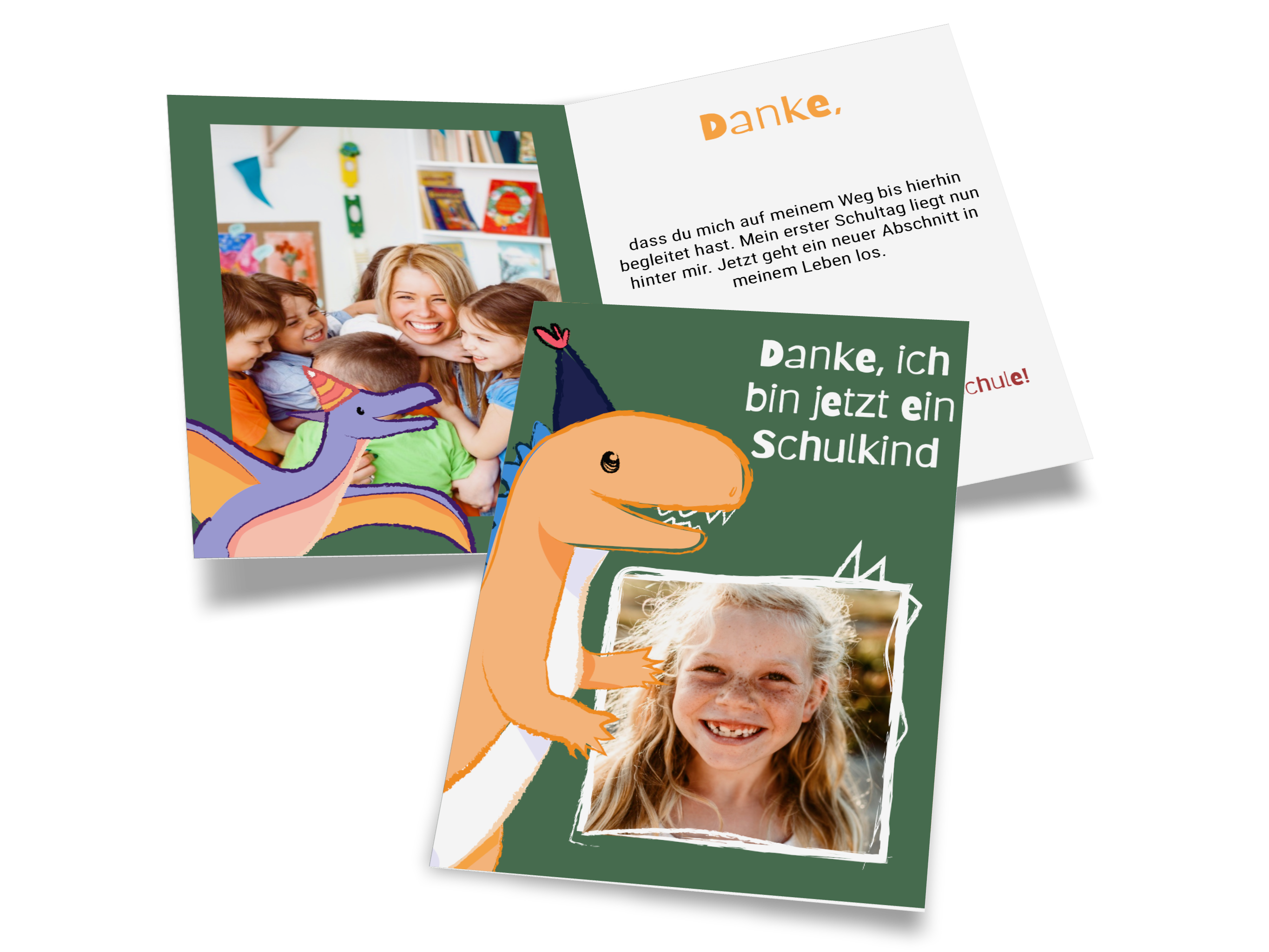 Dankeskarte zur Einschulung mit Dino Design und persönlichem Text.