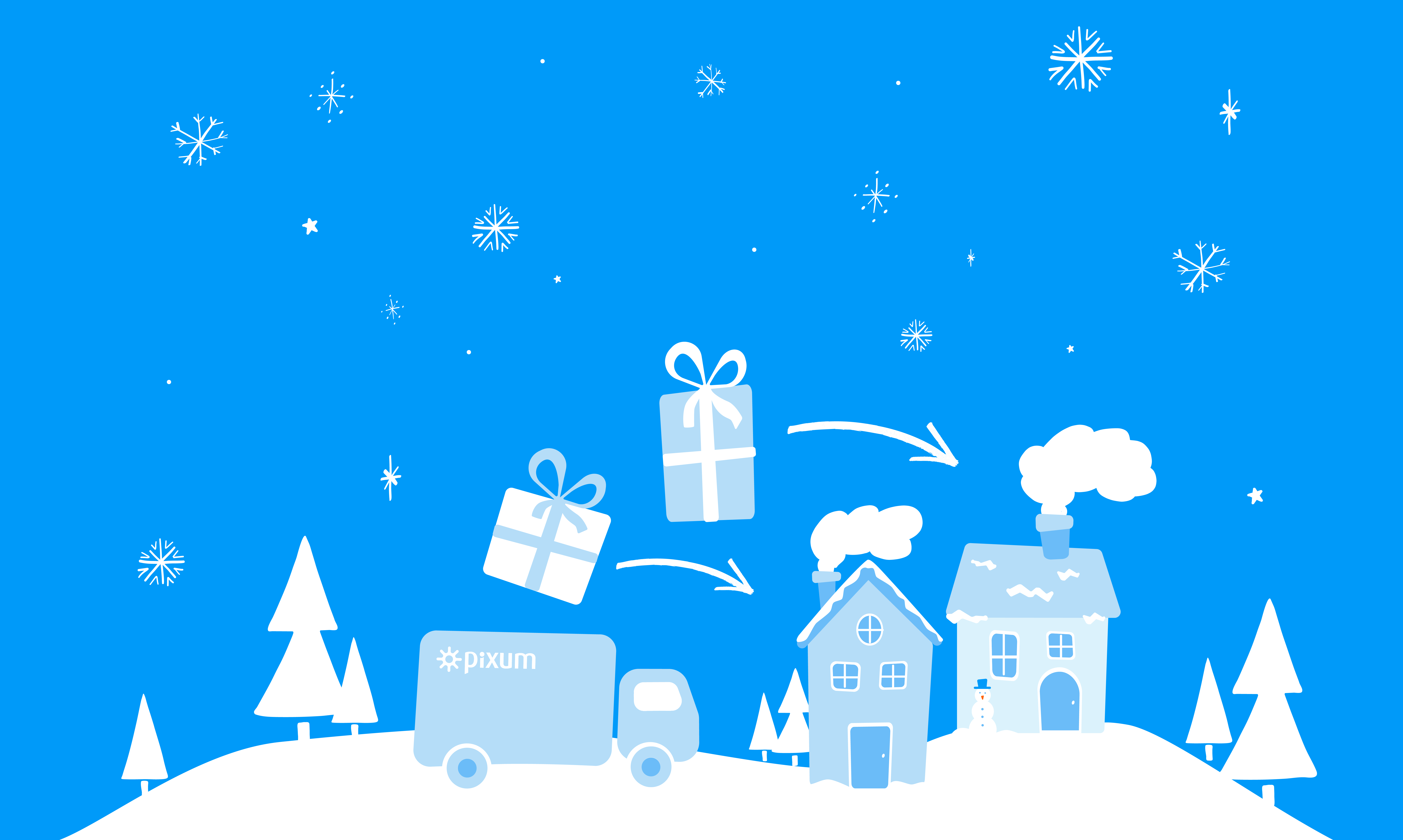 Ilustración de un camión que reparte en una casa un producto de Pixum