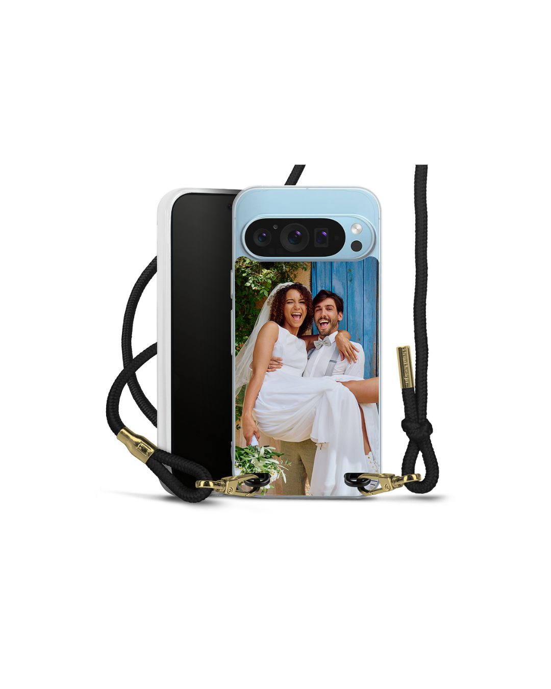 Hoesje met nekkoord voor Google Pixel 9 met een foto van een bruidpaar erop.