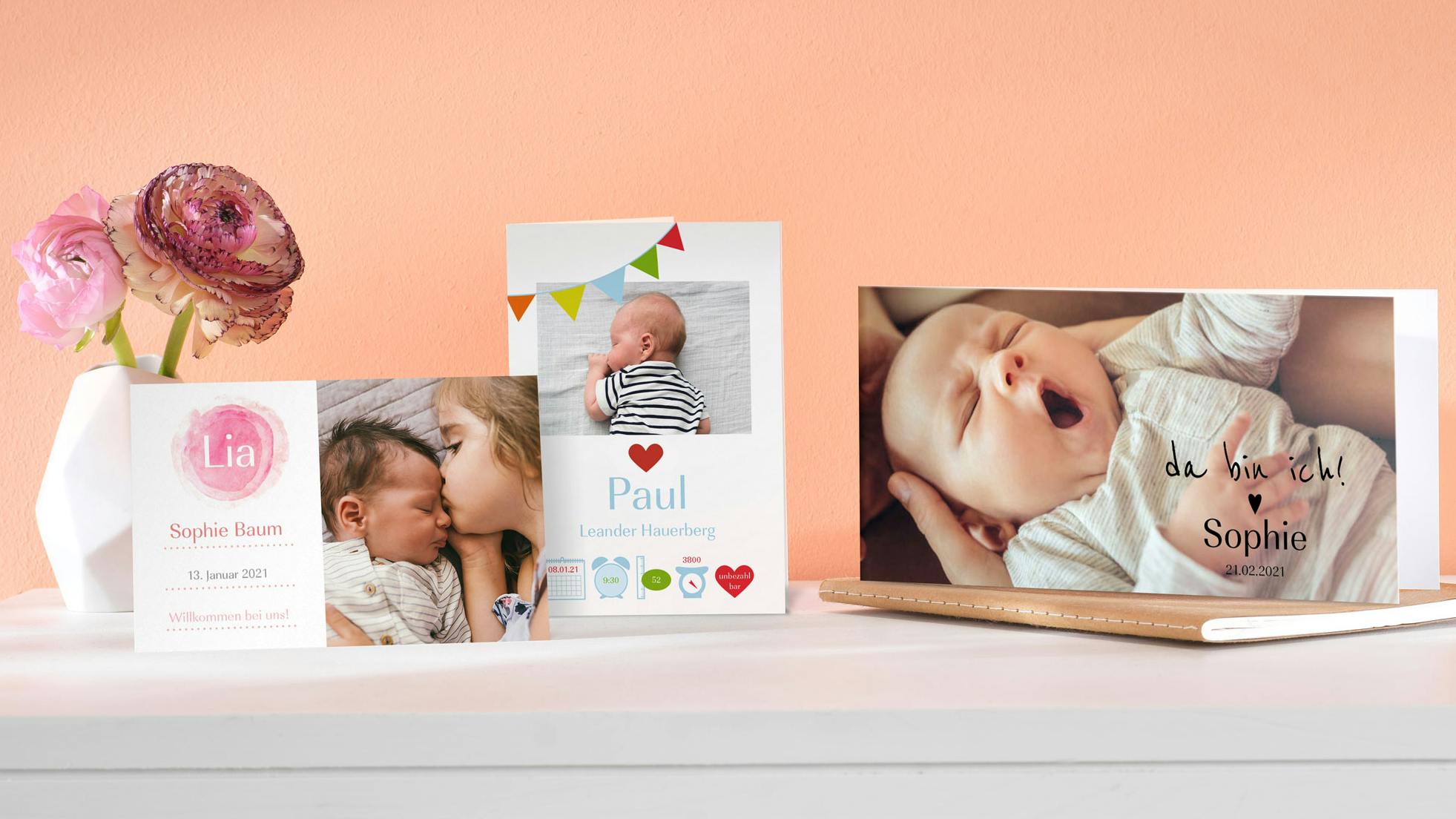Drei Fotogrußkarten mit Babymotiven
