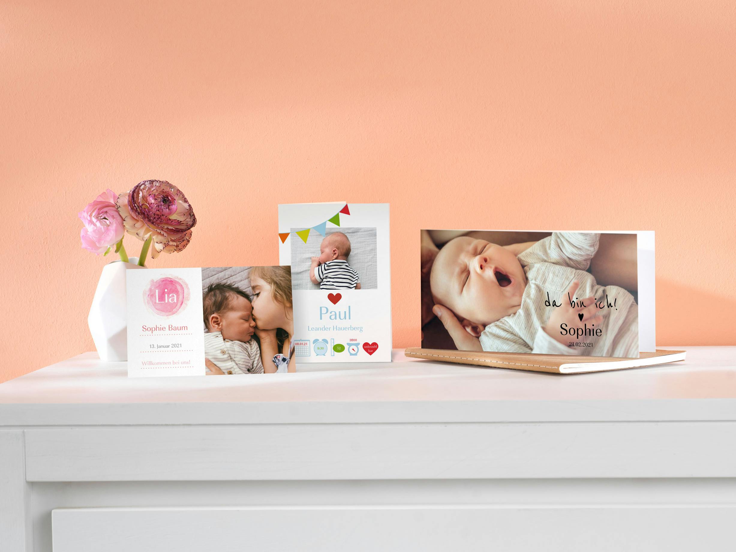 Drei Fotogrußkarten mit Babymotiven