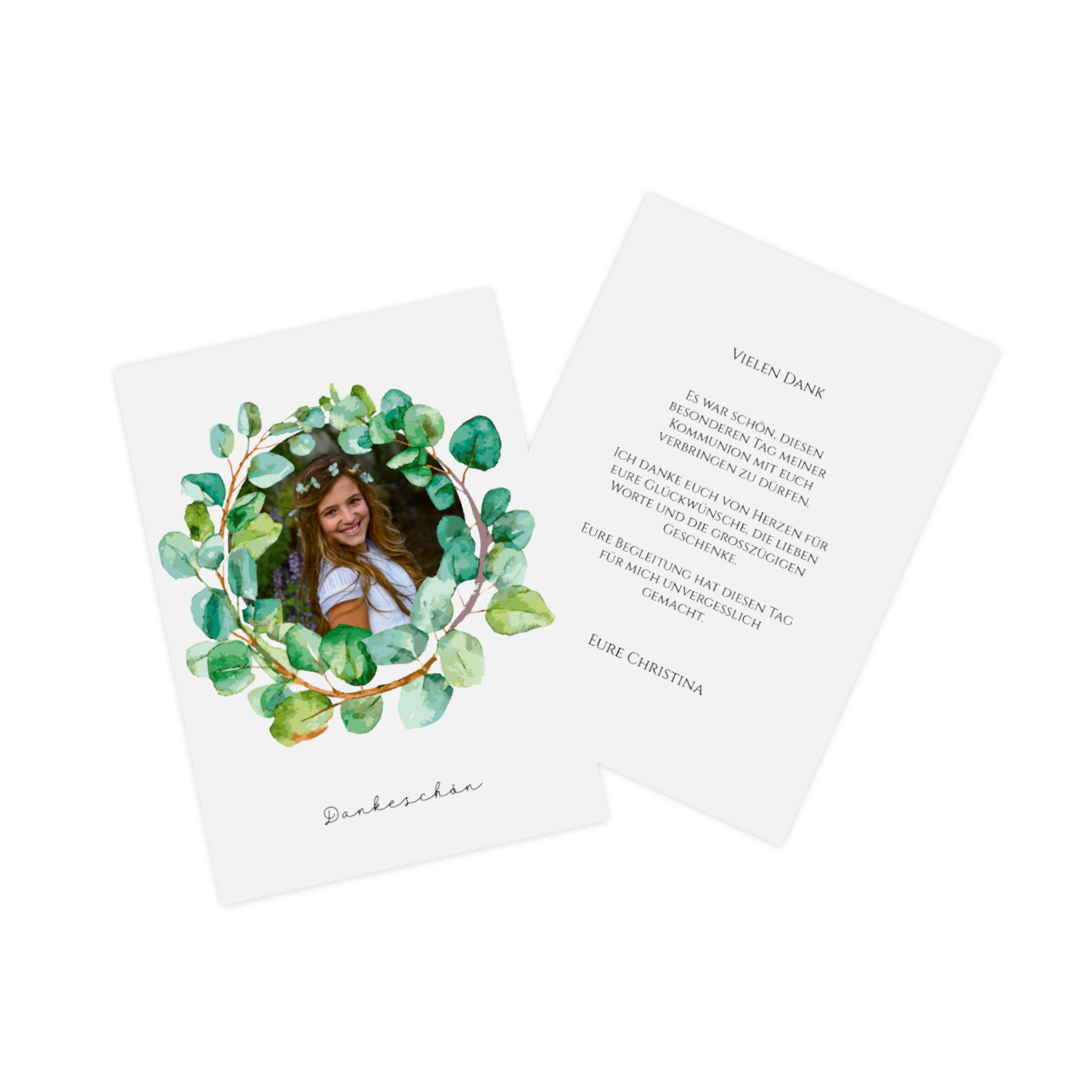 Danksagung zur Kommunion mit einem Rankenkranz und dem Bild eines Mädchens auf der Vorderseite.