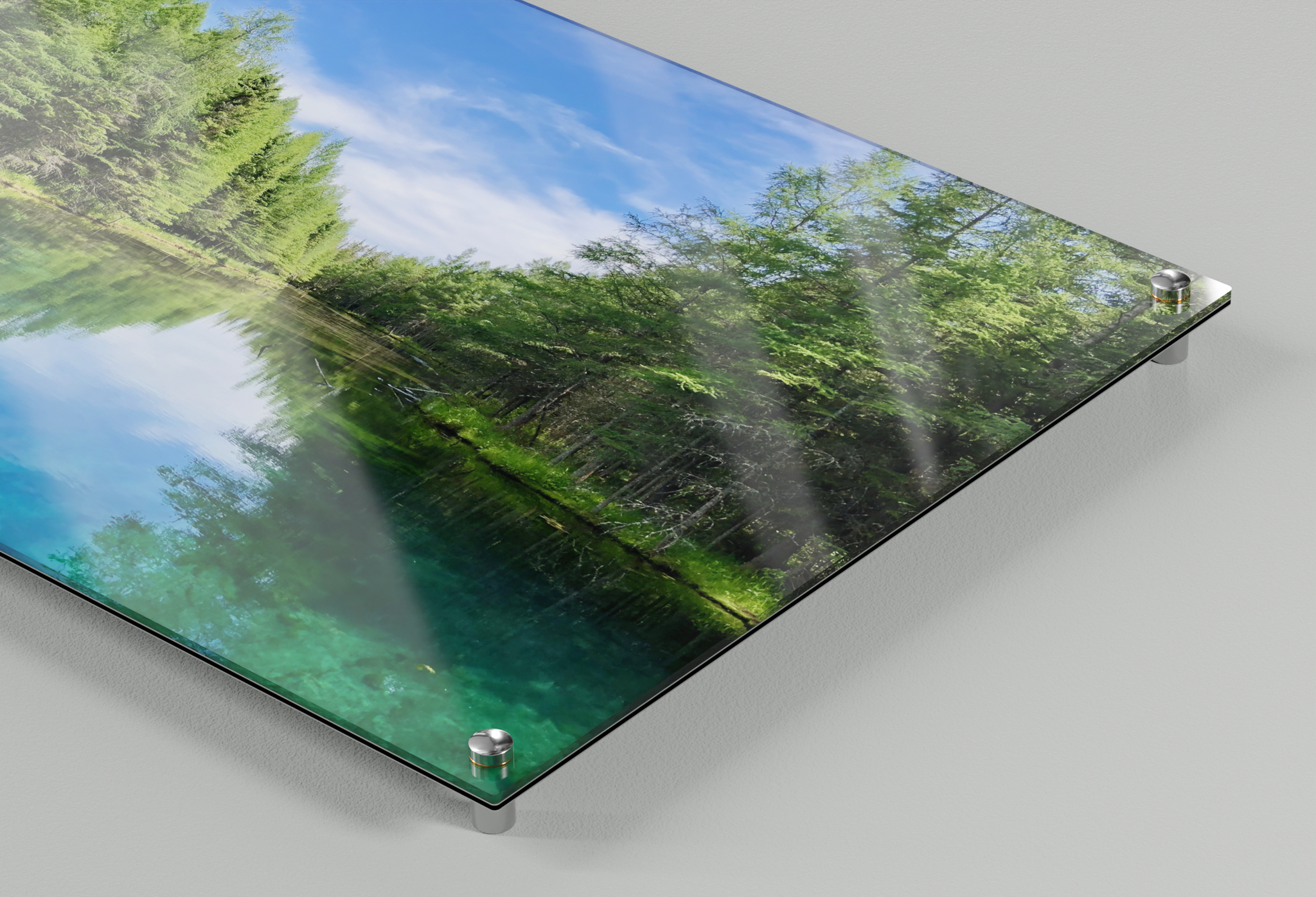 Detailfoto van een galleryprint met een wandbevestigingssysteem met schroeven