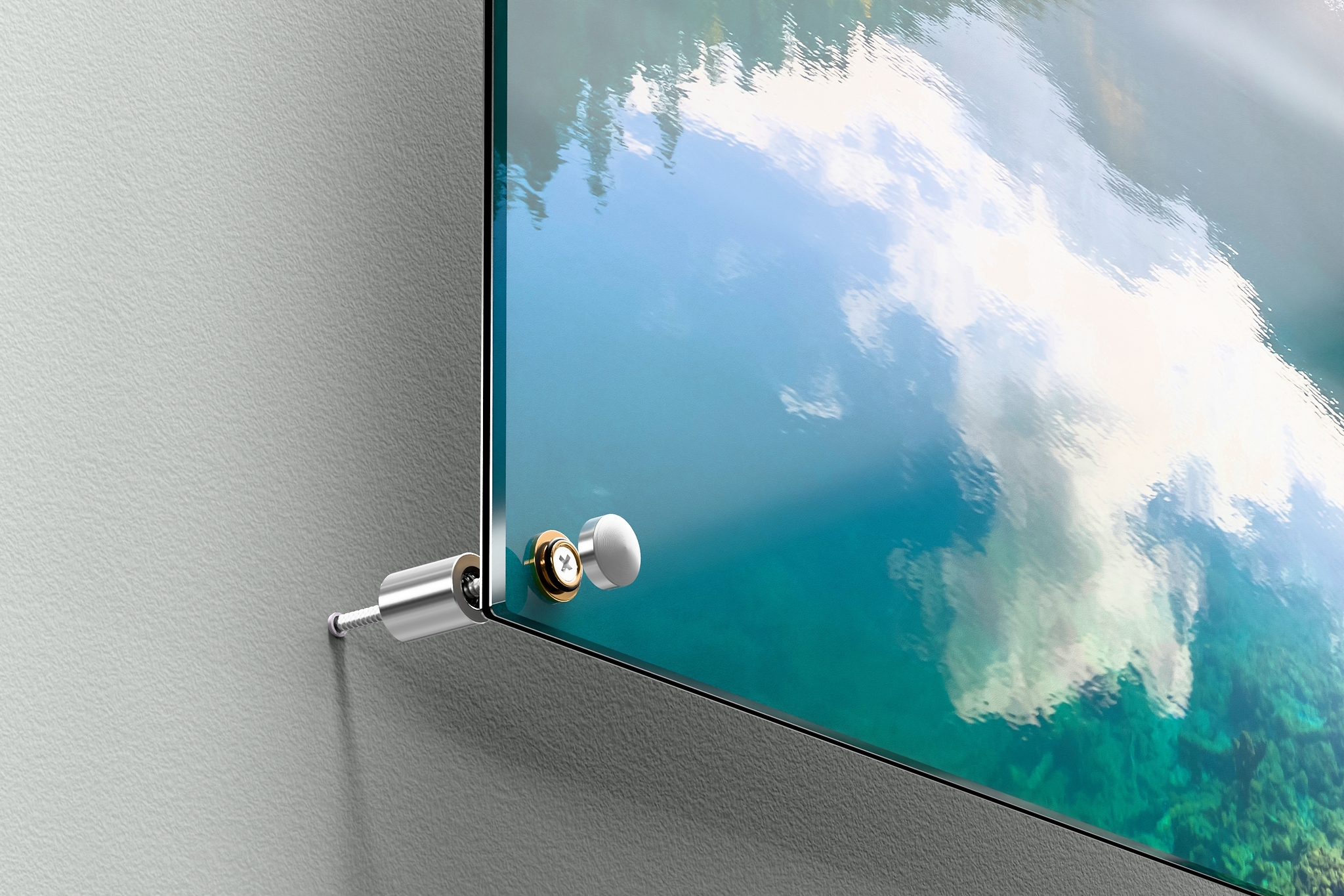 Vue détaillée d'une impression plexi-alu avec système de fixation avec vis