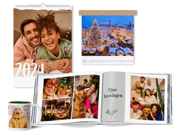 Vrijstaande key visual van verschillende fotoproducten in kerst stijl