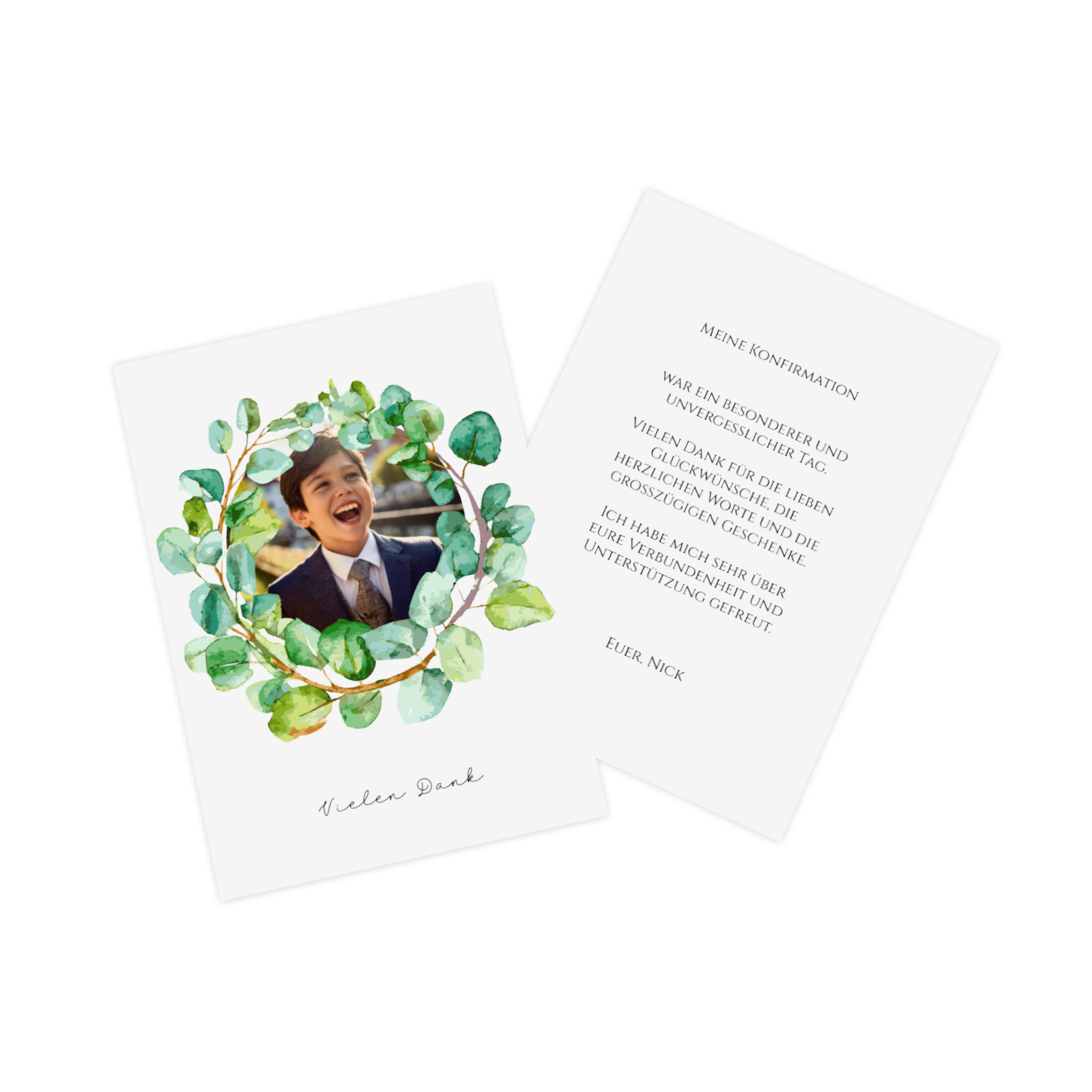 Danksagungskarte zur Konfirmation mit Foto und floralem Muster