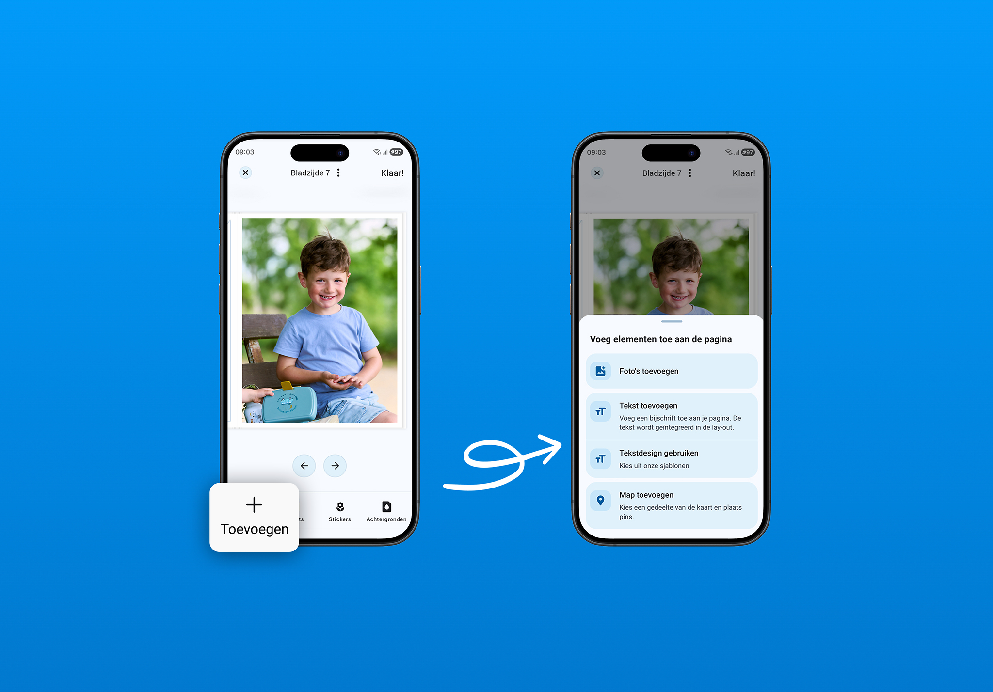 Een fotoboek wordt met elementen gepersonaliseerd in de Pixum App.
