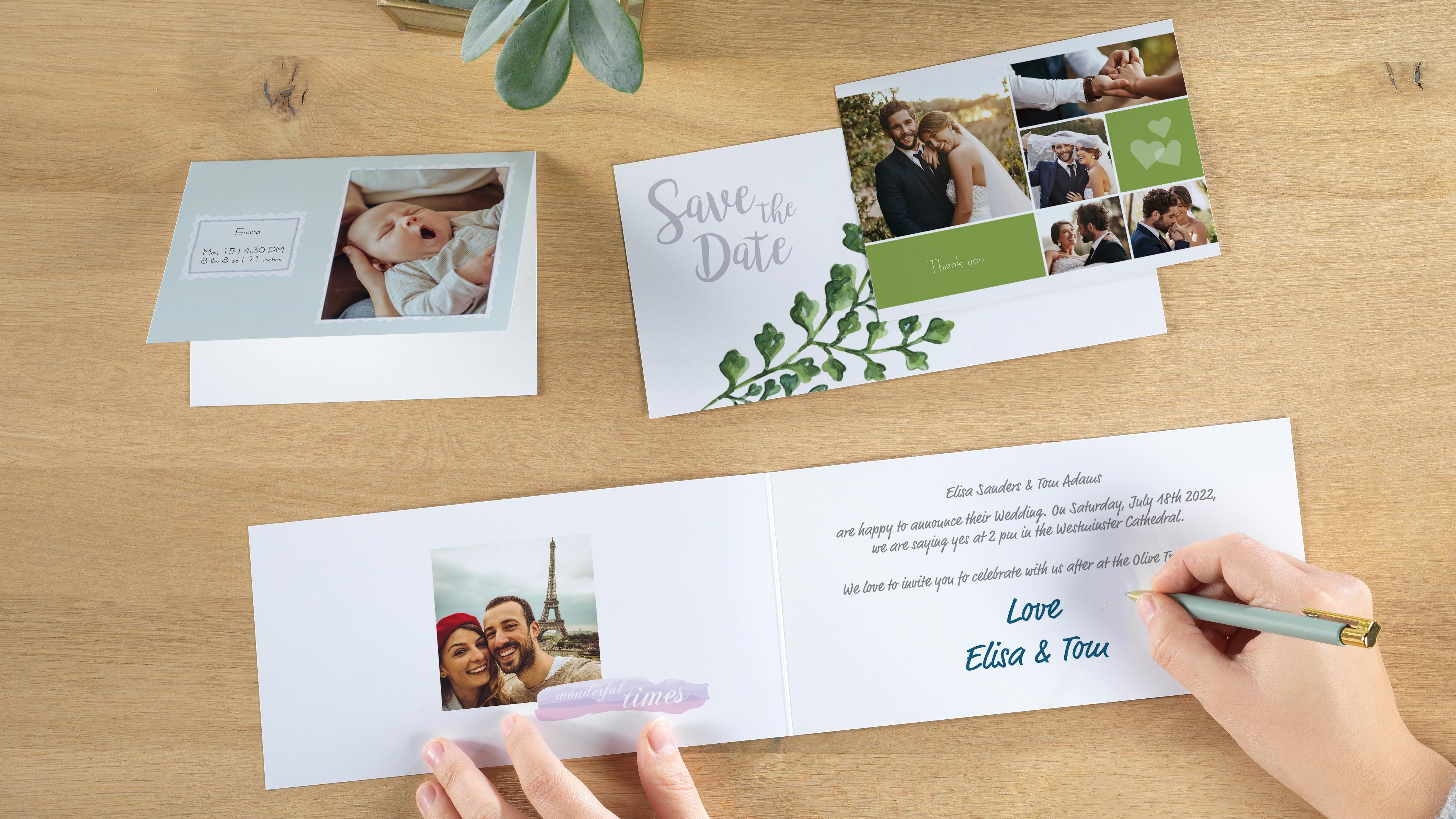Tarjetas personalizadas con fotos de bodas y de nacimiento