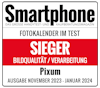 Testsieg aus dem SMARTPHONE Magazin 11/23-01/24 für die Pixum Fotokalender in der Kategorie Bildqualität und Verarbeitung