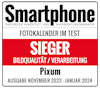 SMARTPHONE Magazin 11/23-01/24 Testsieg aus dem SMARTPHONE Magazin 11/23-01/24 für die Pixum Fotokalender in der Kategorie Bildqualität und Verarbeitung