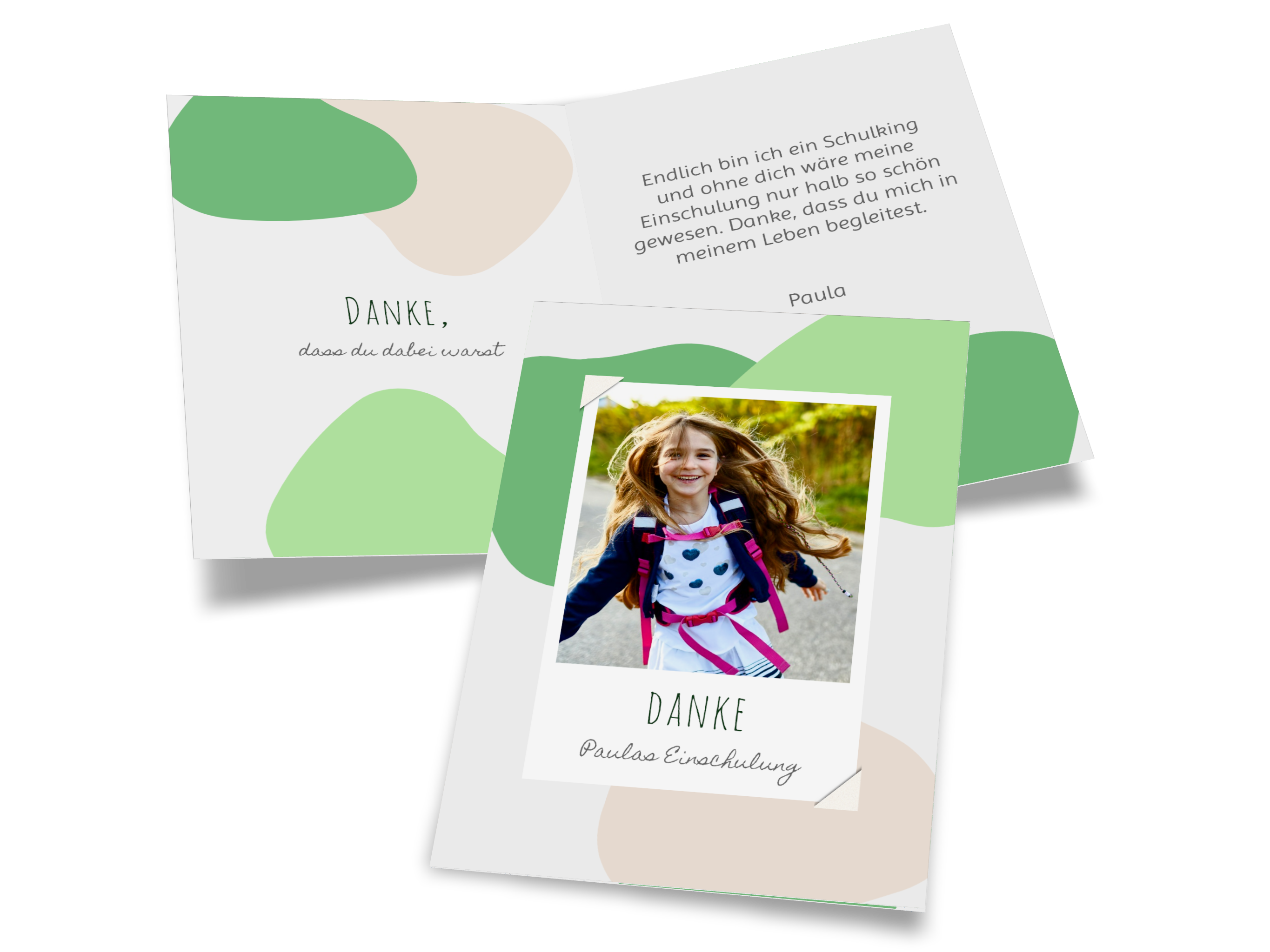 Dankeskarte zur Einschulung mit buntem Design und Foto auf der Vorderseite. Das Design besteht aus beigen und grünen unförmigen Kreisen.