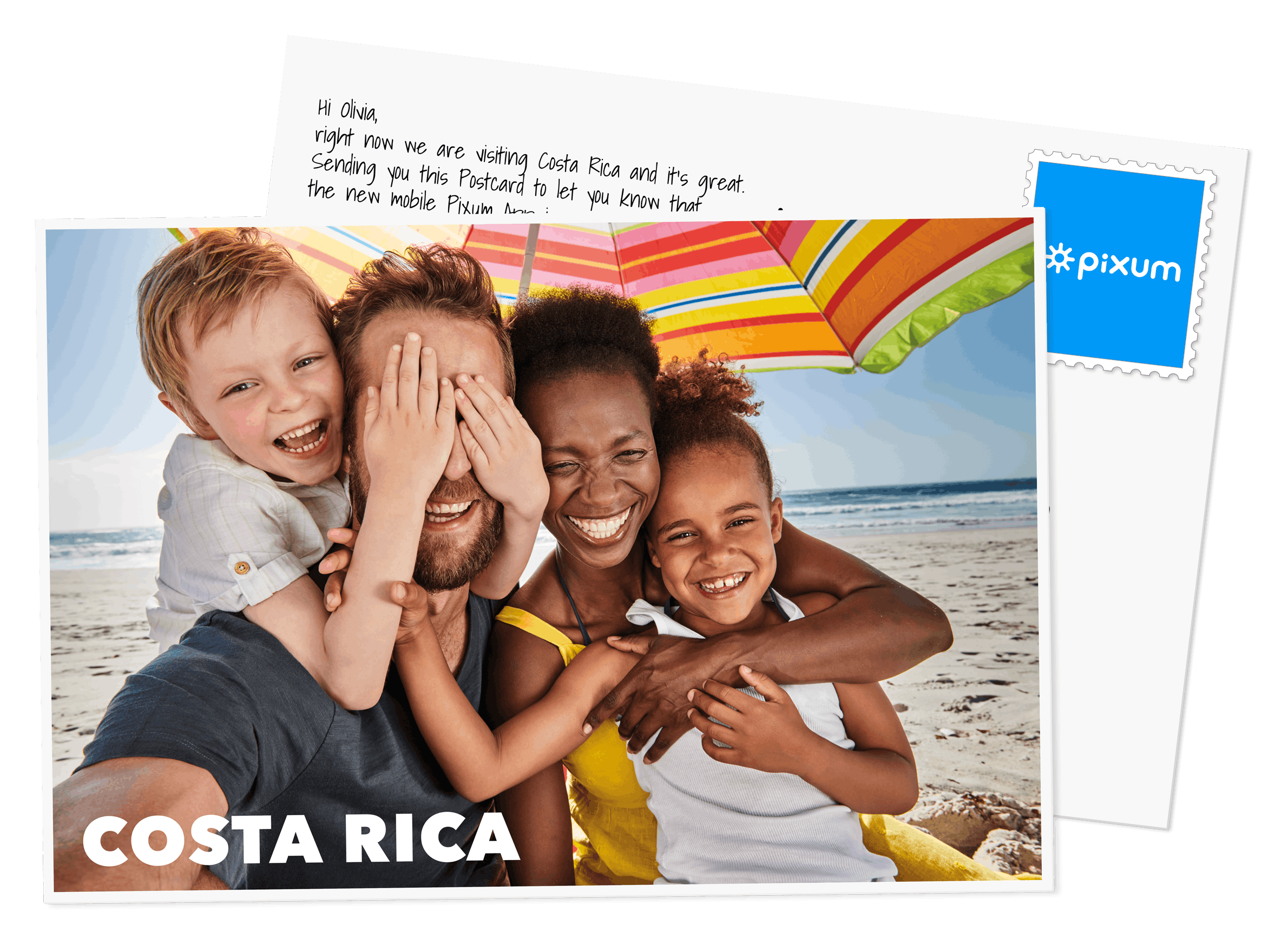 Carte postale avec une photo d'une famille sur une plage du Costa Rica